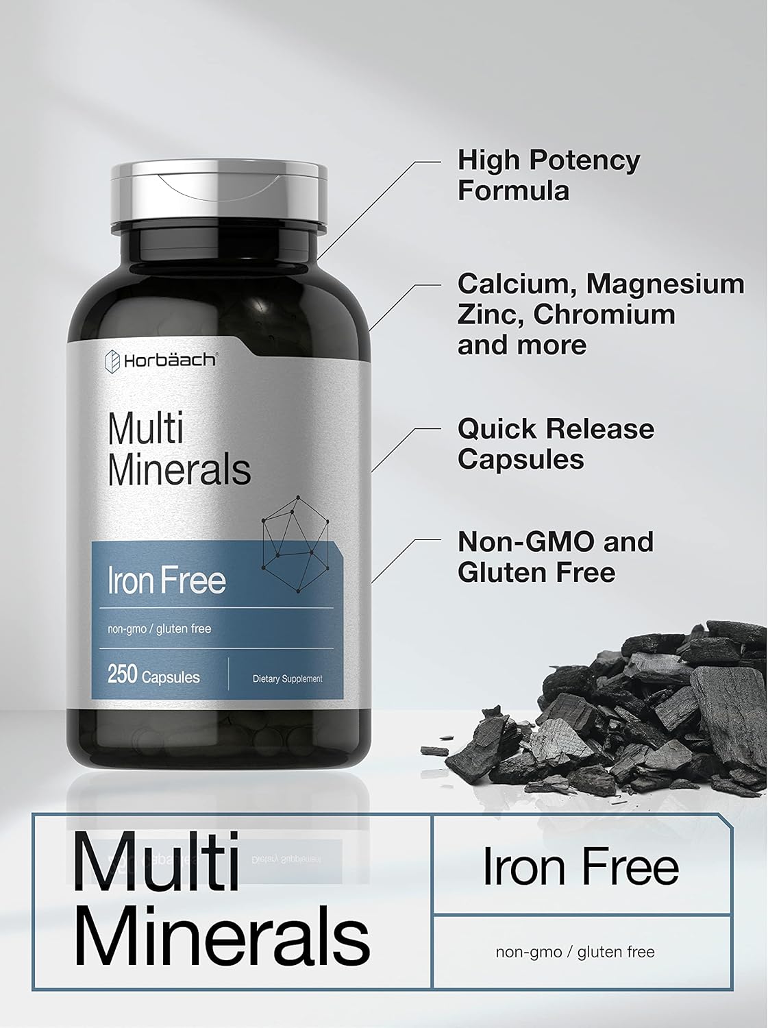 Multi Minerals Supplement | 250 Capsules | Iron Free | Non-GMO, Gluten Free | Complex for Women and Men | by Horbaach : Health & Household