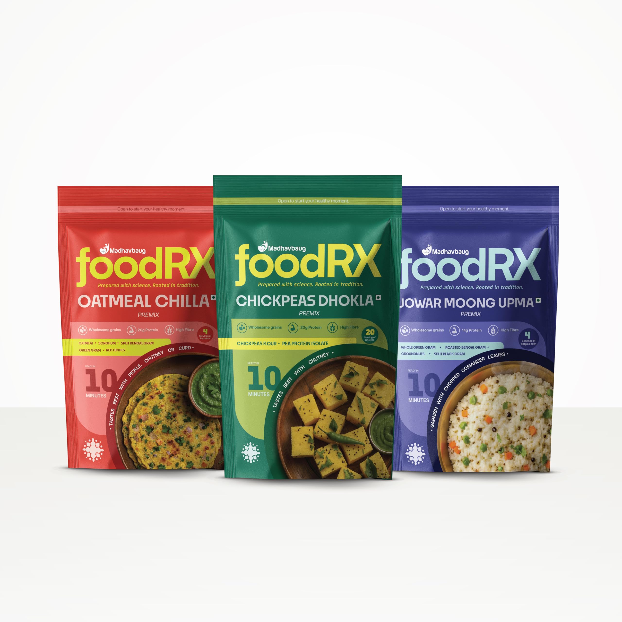 FOODRX Everyday Health Combo - High Protein & High Fibre Chickpeas Dhokla, Jowar Moong Upma, Oats Chilla Mix, Nutritious Ready to Cook Breakfast Variety, Healthy Meal Option (Pack of 3, 200gm each)-image-18