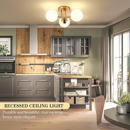 Miniatura 2 de Lámpara de techo de 3 luces de globo de mediados de siglo, moderna lámpara de techo semiempotrada, candelabros Sputnik con pantalla de vidrio de