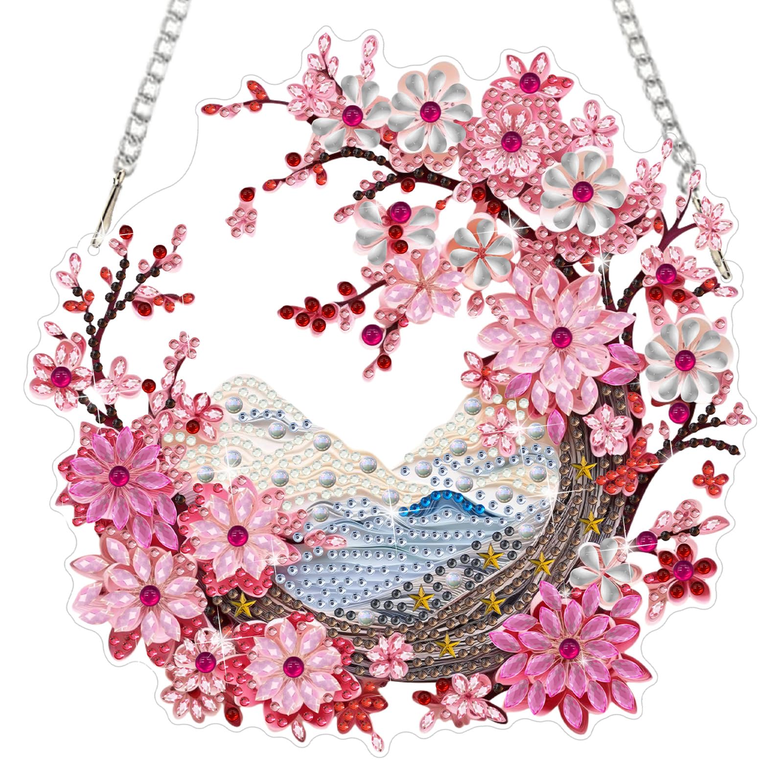 HEIBAGO Diamond Art Hanging Kits Cherry Blossoms, Diamond Painting Pendant Ornament Kits for Adults, DIY 5D Landscapes Special Shaped Crystal Diamond Gem Art Craft Kits for Wall Decor