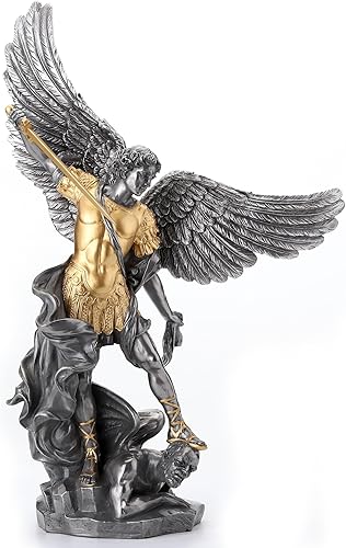Veronese Design 14 58 pulgadas Saint Michael pisotea la escultura de resina de demonio fundido en frío estatua de acabado de peltre