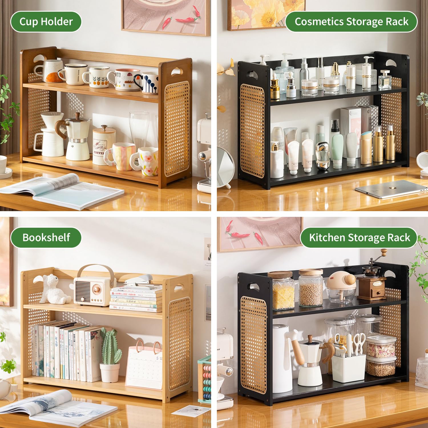 2 Etage Gewürzregal Stehend Geflechttechnik Gewürzständer Aus Holz Küchen Arbeitsplattenregal Spice Rack Kaffeeregal Für Küche Aufbewahrungsregal Für Kosmetika,Pine,70 * 24 * 48cm