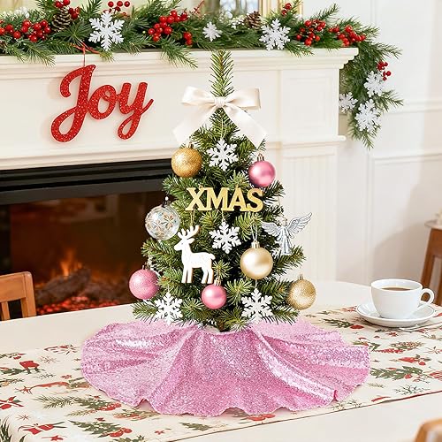 Miniatura 45 de Falda de árbol de Navidad de lentejuelas: Falda de árbol de bronce de 24 pulgadas, falda de satén con lentejuelas Falda de árbol pequeño