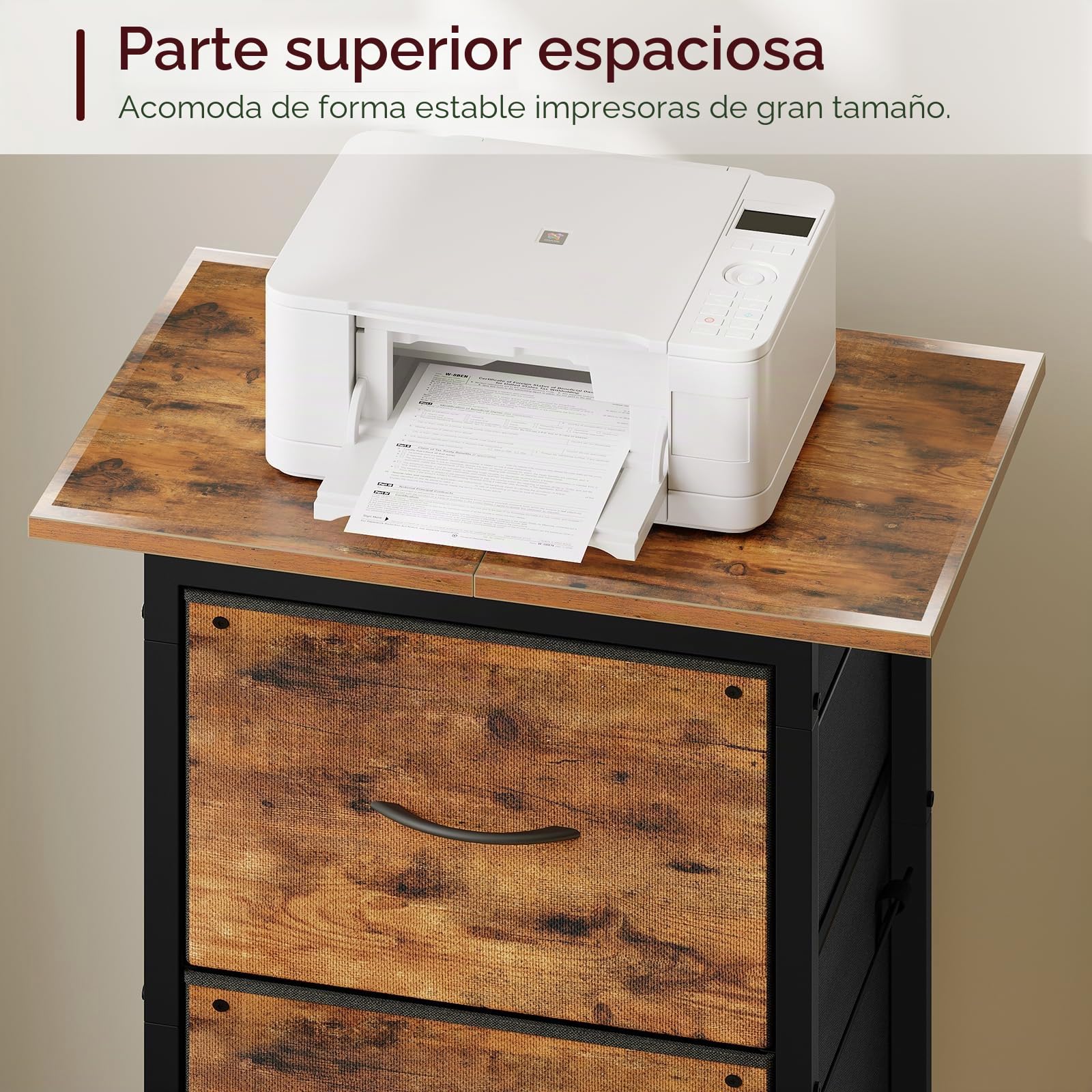 MAHANCRIS Cajonera de Oficina, Archivador Móvil, Soporte para Impresora con 3 Cajones, con Ruedas, Barra Ajustable, para Carpetas Formato A4 y Carta, Oficina en Casa, Marrón Rústico y Negro AFCHR5901