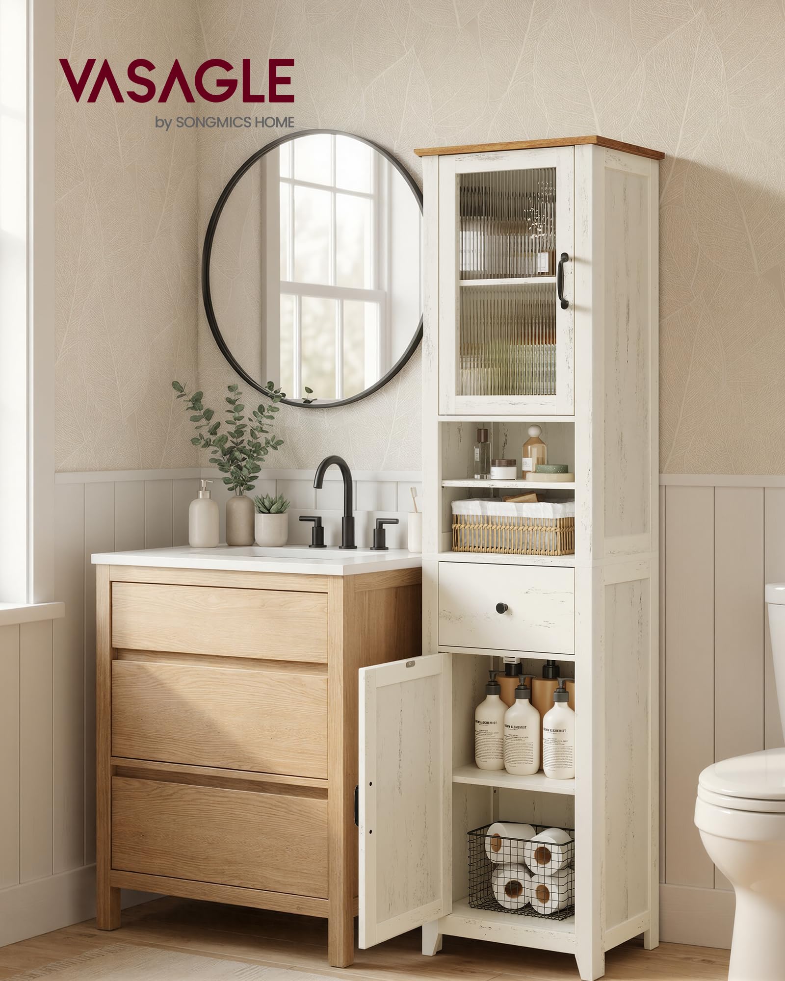 VASAGLE LIRY Collection - Armoire Salle de Bain Style Campagne, Meuble de Rangement Mince, Compartiments Ouverts, 1 Tiroir, avec Portes, Blanc Rustique et Marron Miel, 31,5 x 40 x 171 cm BBK760W101
