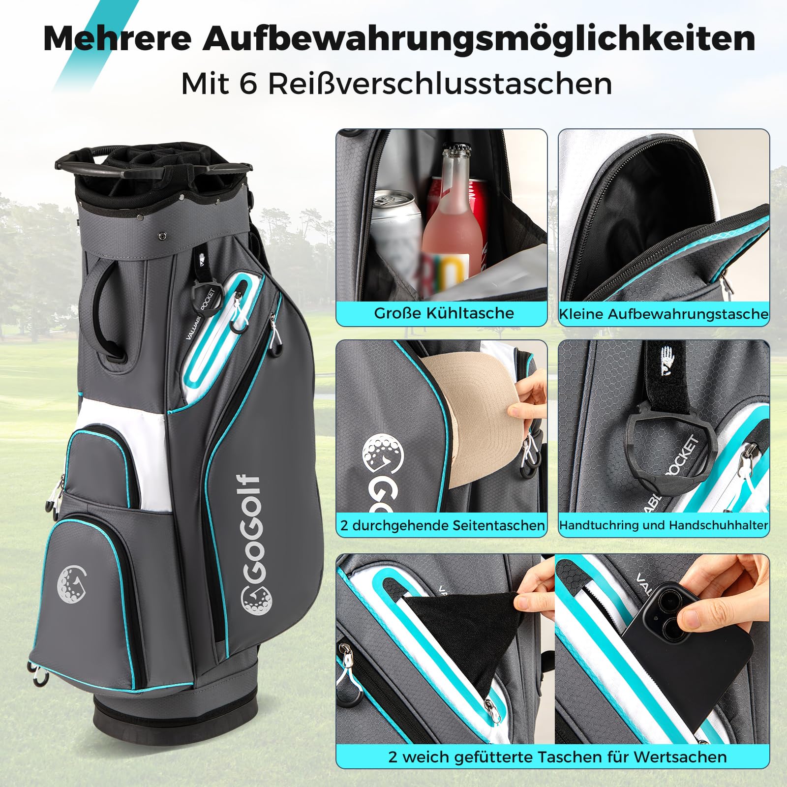GYMAX Golftasche mit 14 Fächern, leichte Golfreisetasche mit 6 Reißverschlusstaschen, Golfreisetasche mit Handtuchhalter& Regenschirmhalter, Standtasche für Golfschläger