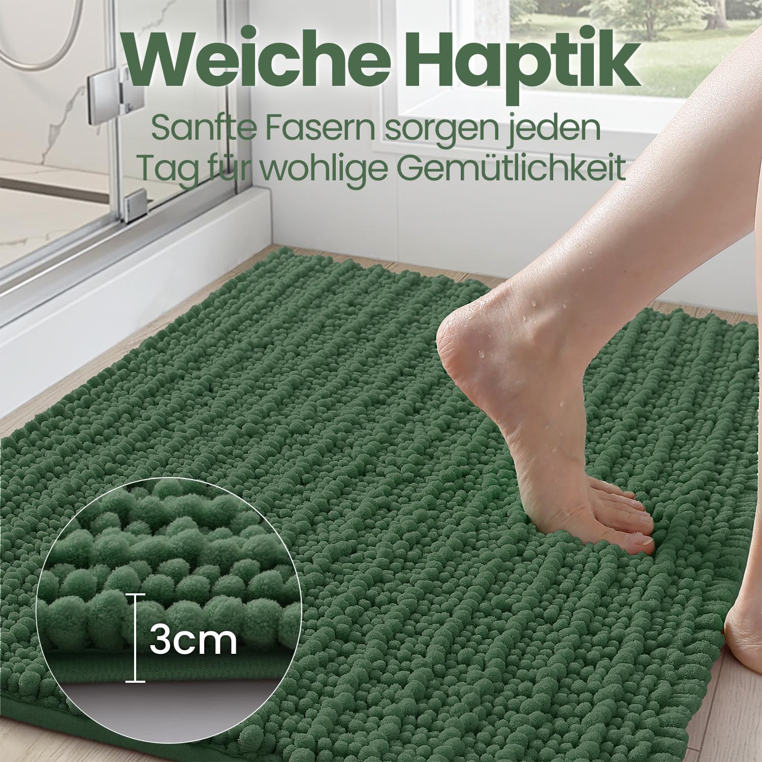 DEXI Chenille Badezimmerteppich 60 x 110 cm, weiche und saugfähige, Grün