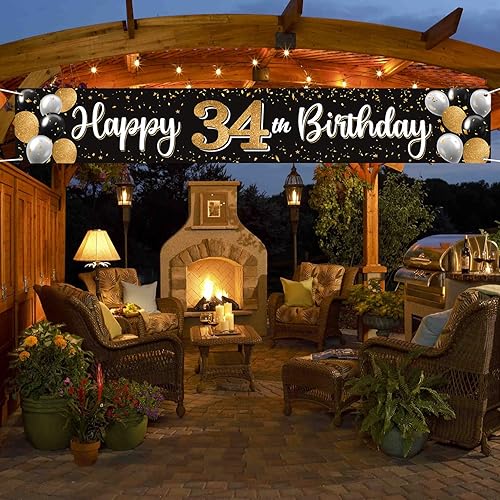 Vista 136 de Cartel de feliz cumpleaños 25 negro y dorado para patio, cartel de felicitación a 25 años de edad, telón de fondo fotoprop para el hogar, decoración