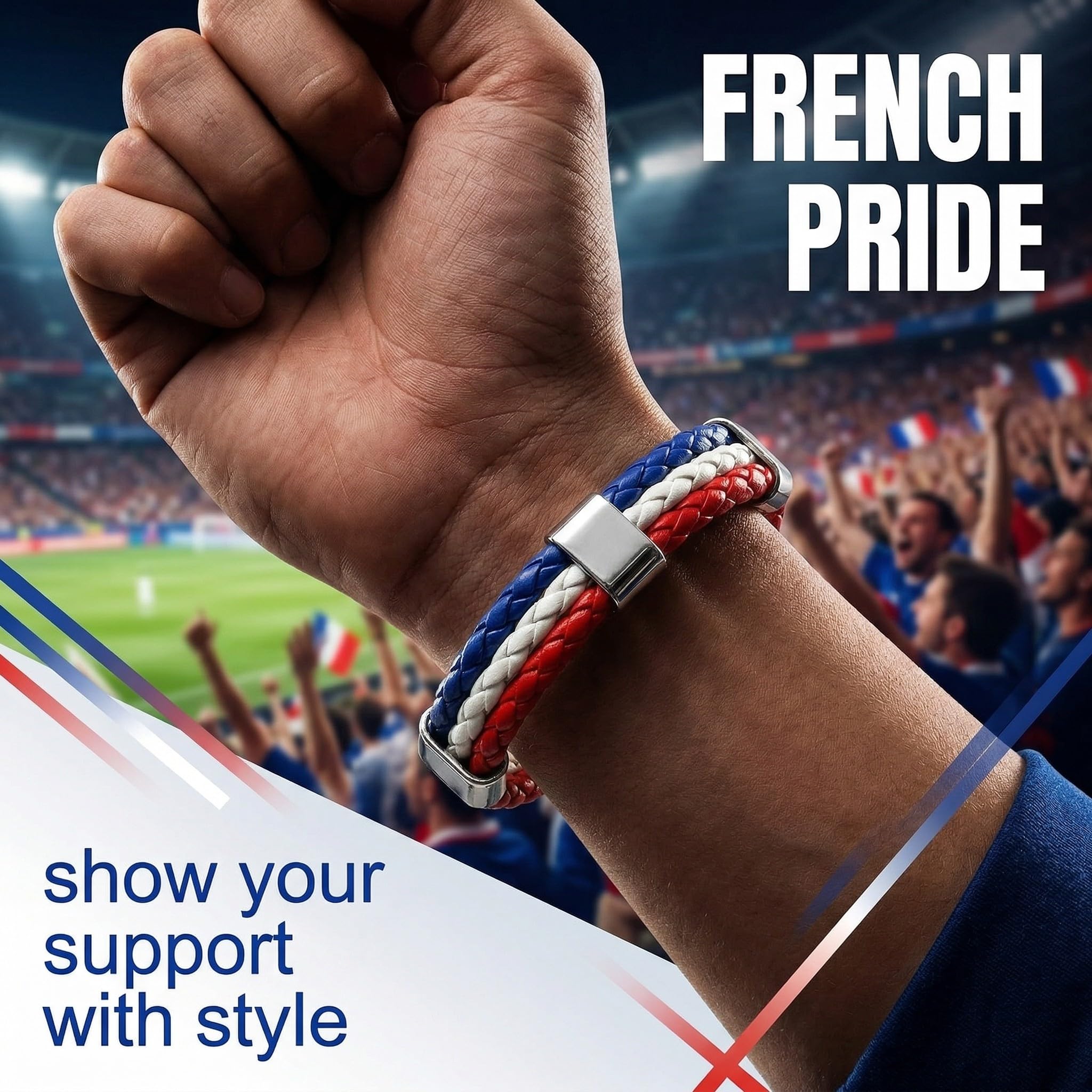 Lot de 2 Bracelet France Drapeau Français en Cuir Synthétique Bleu Blanc Rouge 22cm