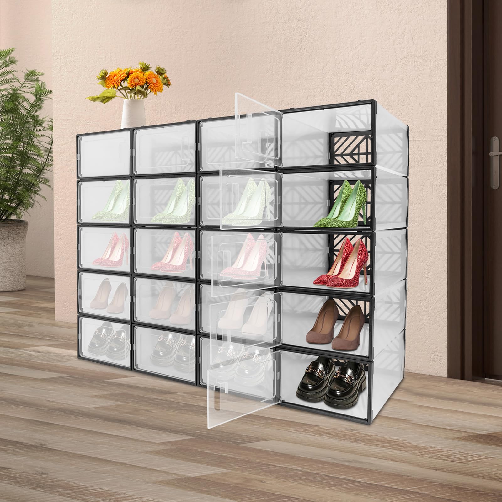 Cajas apilables para zapatos, juego de 20 cajas transparentes para zapatos, para salón, dormitorio, armario y oficina (negro)