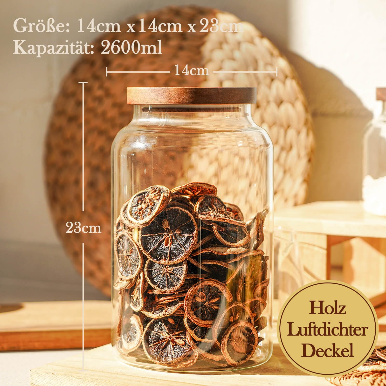 Labina Barattoli in vetro con coperchio in legno, contenitori in vetro a collo largo con coperchio, ermetici con coperchio per zucchero, biscotti, spaghetti, noci e caramelle, 2 x 2600 ml