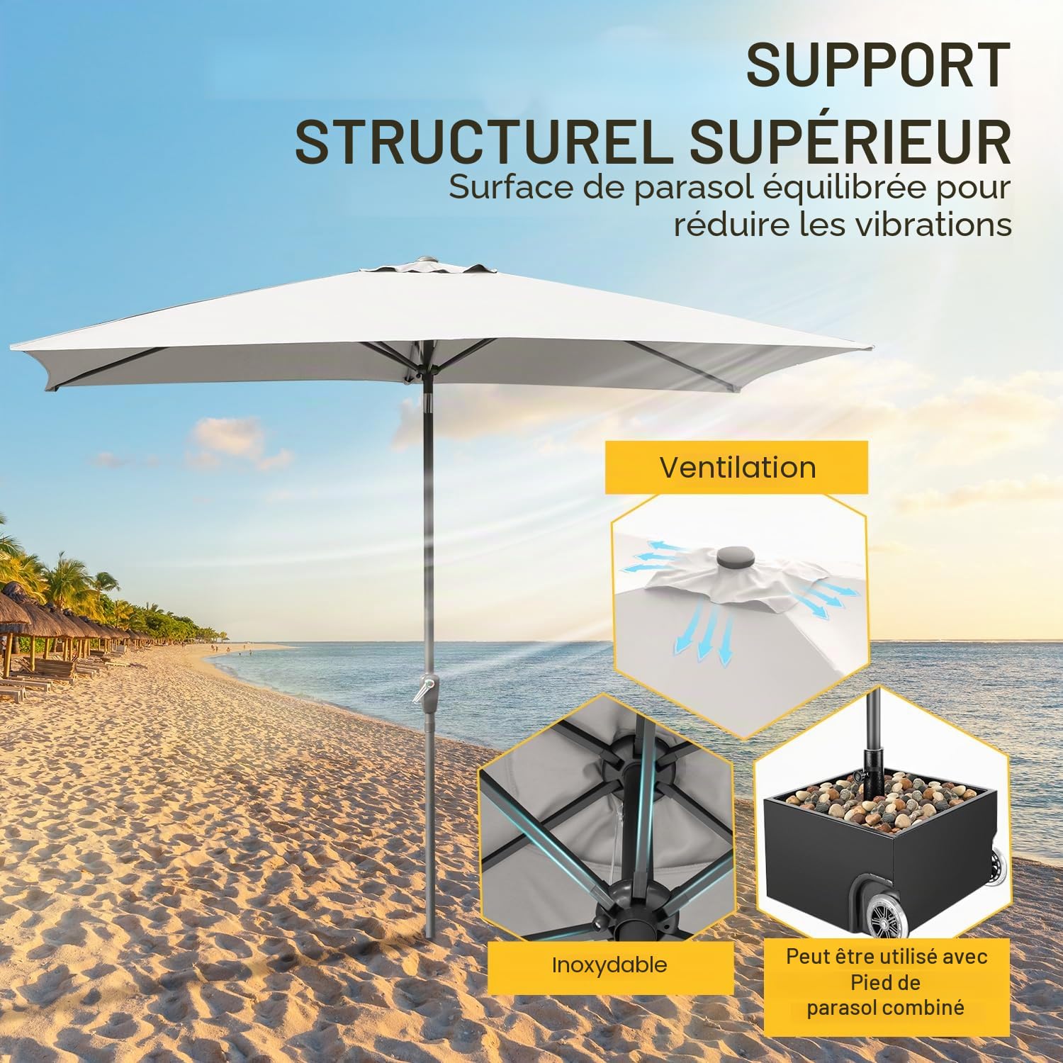 Daromigo Parasol rectangulaire - 210 x 140 / 300 x 200 cm - Avec manivelle - Protection solaire UV50+, pliable à 30 °C - Parasol de jardin imperméable pour jardin, sans support