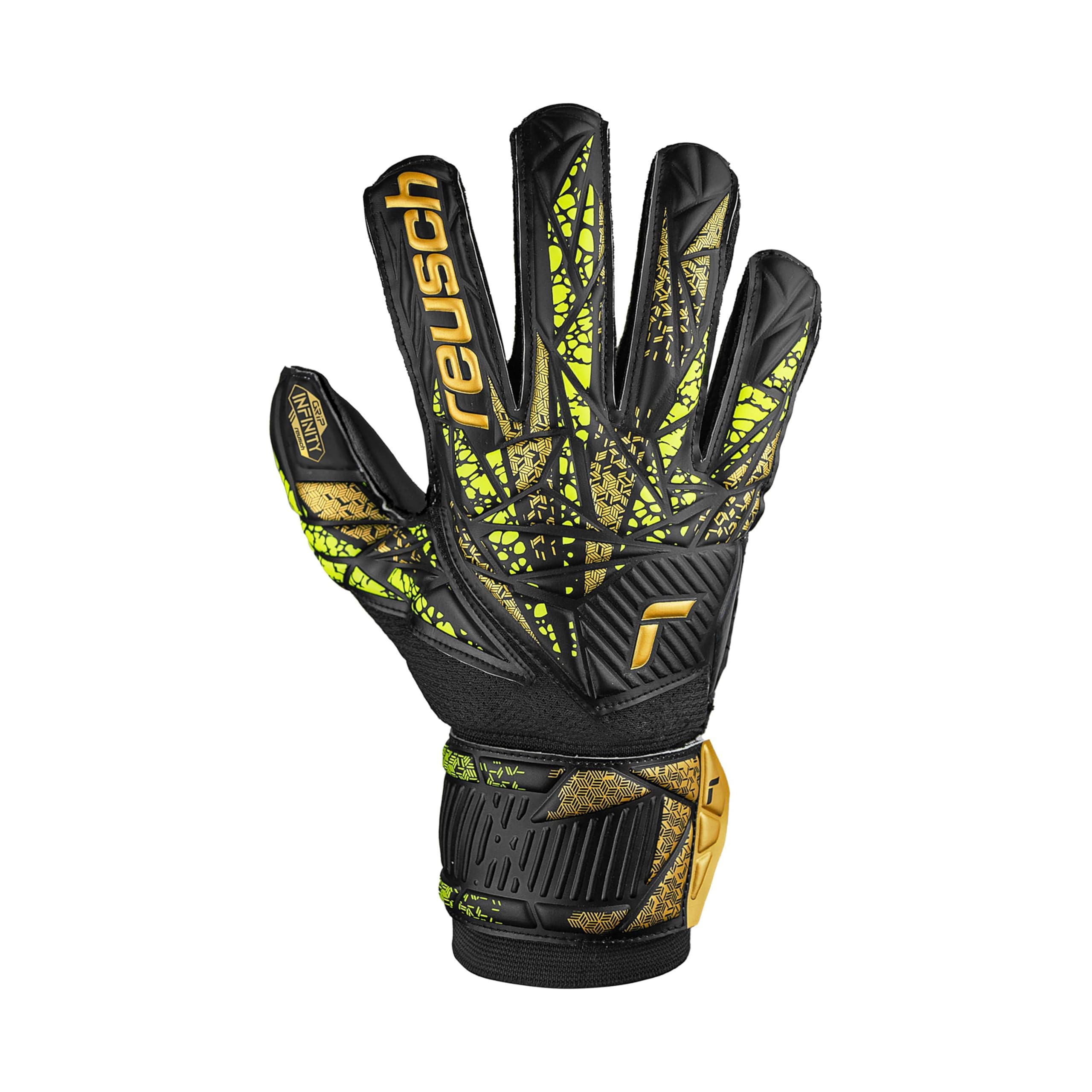 Reusch Attrakt Infinity Finger Support rękawice bramkarskie dla dorosłych, optymalne do sztucznej trawy, rozmiar 8, czarno-złoto-żółte