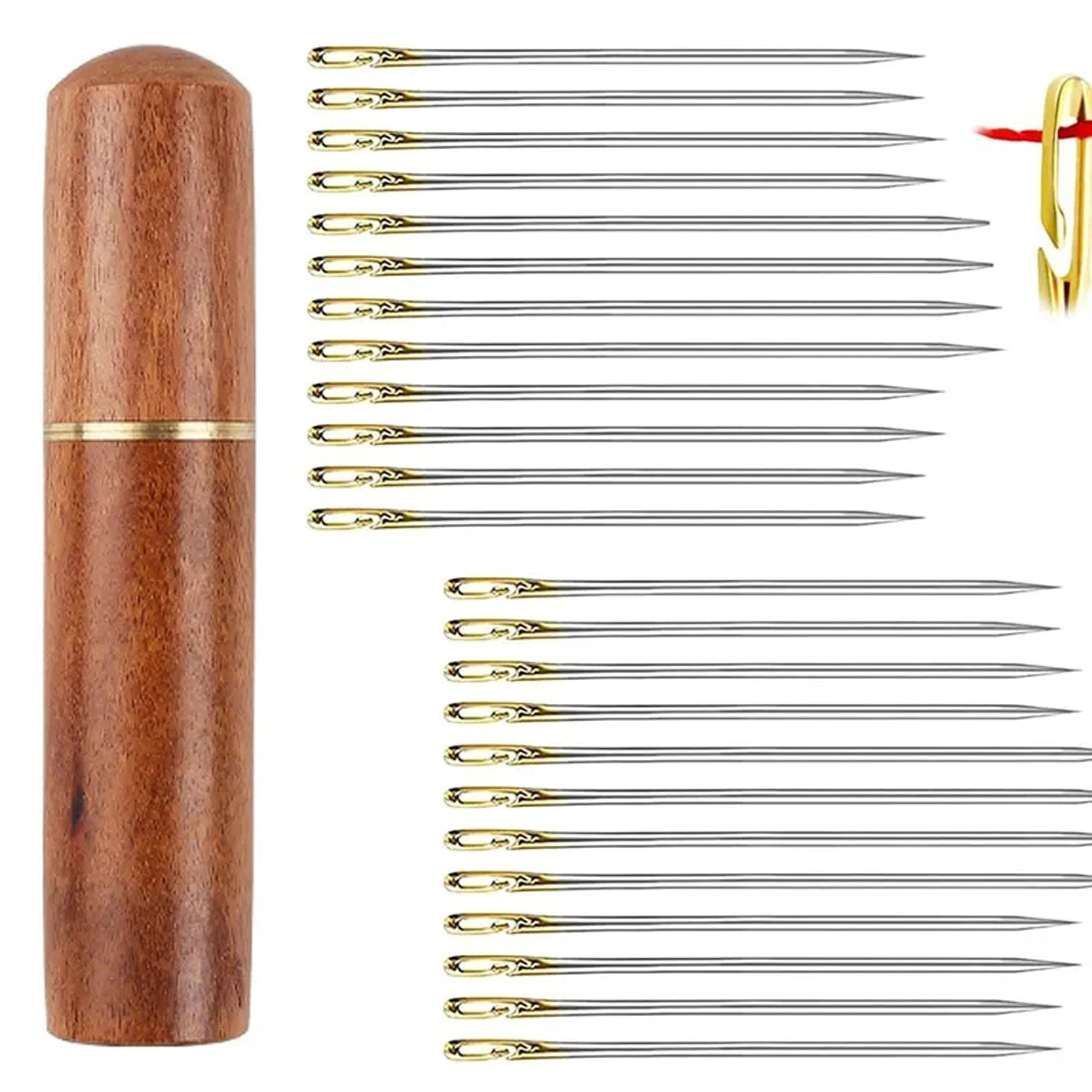 – Tazweeq 48 Pcs Self Threading Needles Easy Threading Needles Hand Sewing Needle with A Metal Needle Tube for Knitting Mending DIY Embroidery Sewing with Wooden Needle Case