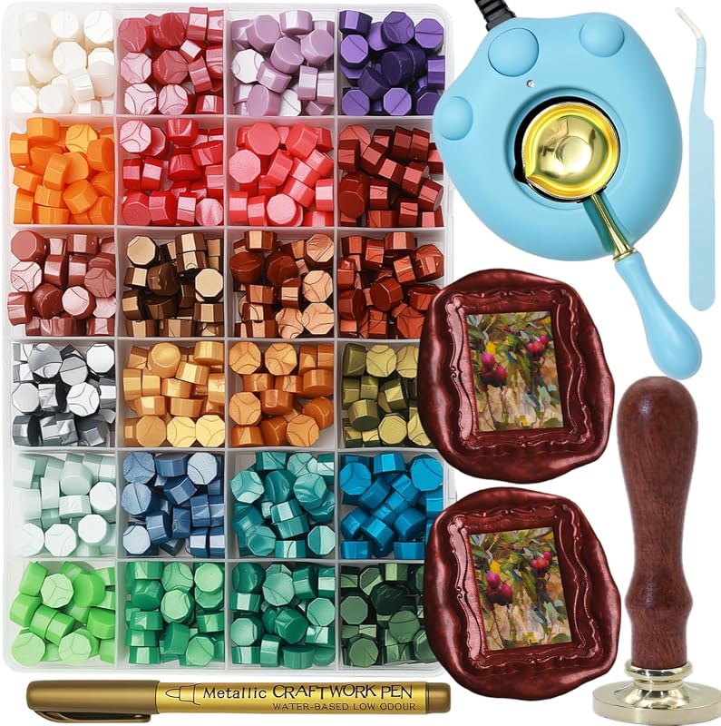 ONWINPOR Juego de sellos de cera para marcos, 624 piezas, kit de cuentas de sello de sellado con calentador de sello de cera eléctrico, marcos en relieve 3D, sellos tallados en relieve, encerado, bolígrafo dorado, pinzas (Set02)
