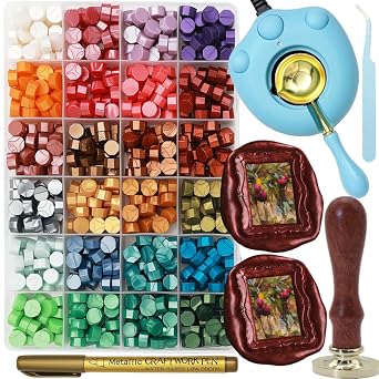 ONWINPOR Frame Wax Stamp Set, 624Pcs Sealing Stamp Beads Kit with Electric Wax Seal Warmer, 3D Embossed Frames Relief Carve Stamps Waxing, Gold Pen, Tweezer Set02