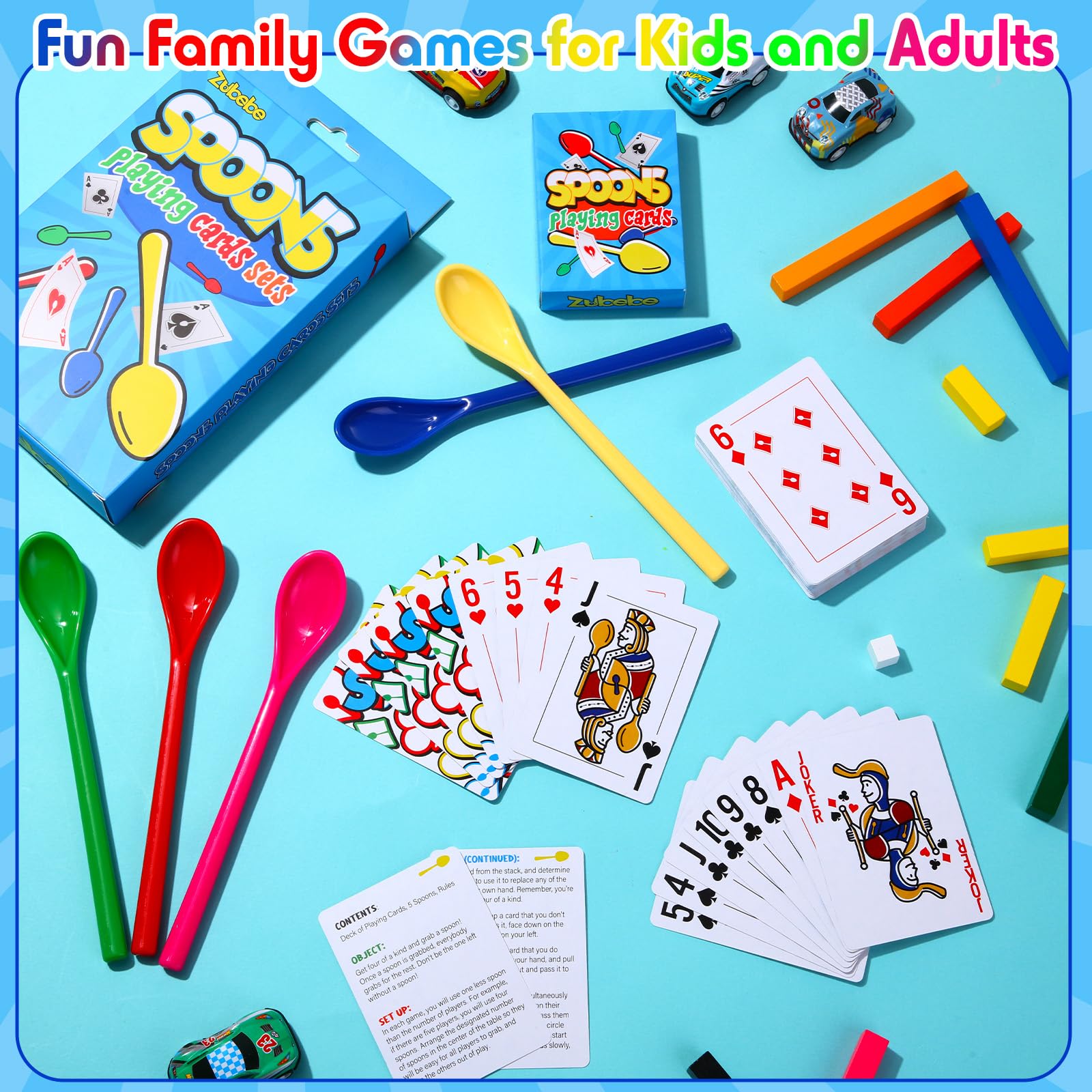 Zubebe Juego de 12 cucharas, cartas gigantes, juegos de cartas clásicos, divertidos juegos de póquer, multijugador para niños y adultos, noche familiar, viajes, reuniones grandes