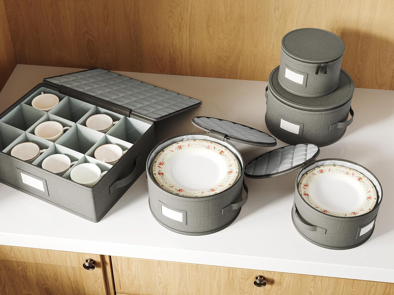 Hard Shell China Storage Containers – 5 Piece Set for Storing Dinner Plates, Salad Plates, Mugs, Quilted Dividers for Safe Moving and Seasonal Storage, Grey