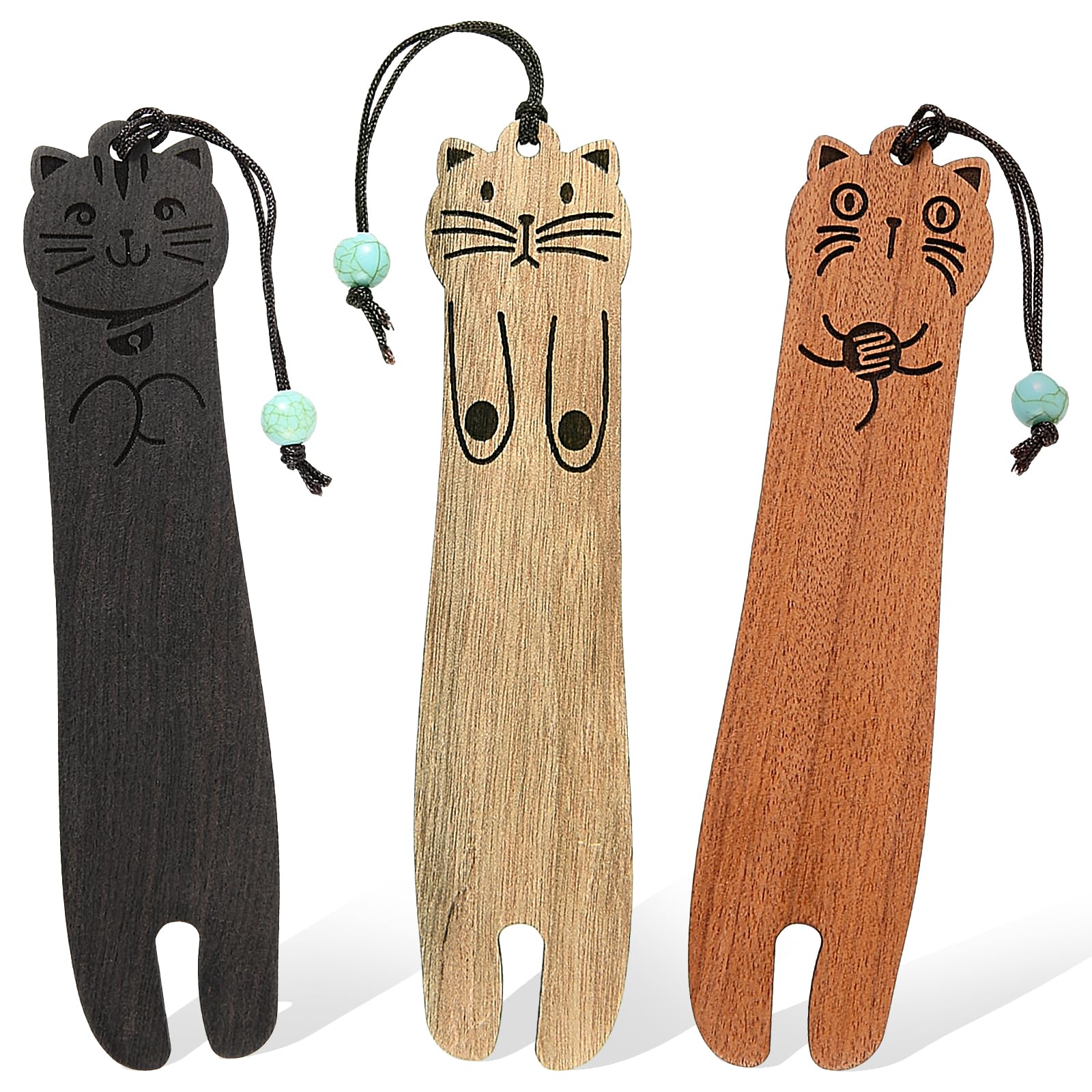 Aster 3 marcapáginas de madera para amantes de los gatos, marcapáginas de madera de gato kawaii, bonito marcador de madera natural para mujeres, profesores, estudiantes, amantes de los libros, regalos