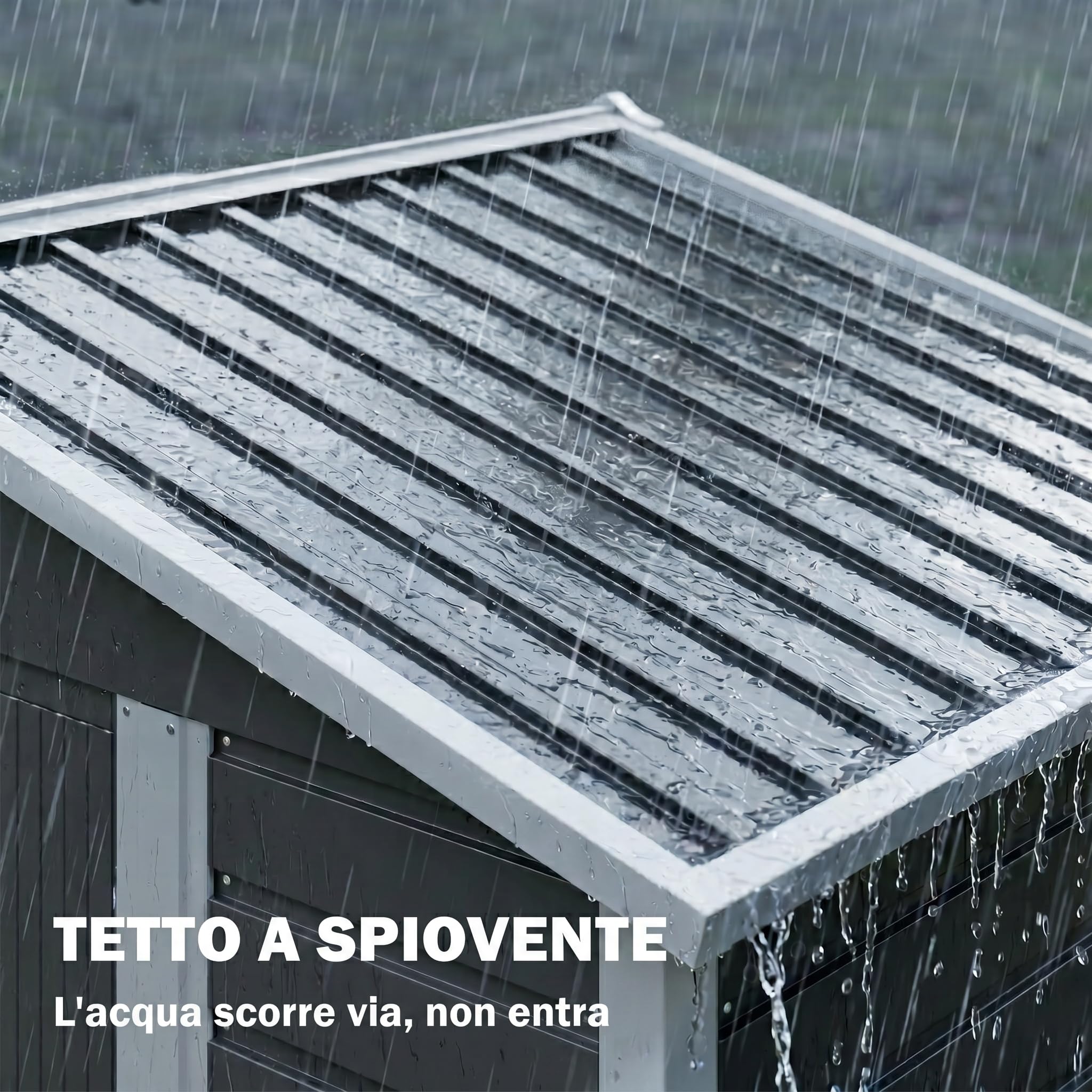 Outsunny Casetta da Giardino 2.36 m² Lamiera d'Acciaio 4 Prese d'Aria 2 Porte Scorrevoli Capanno Porta Attrezzi Tetto Inclinato 213x120x194 cm Grigio Scuro