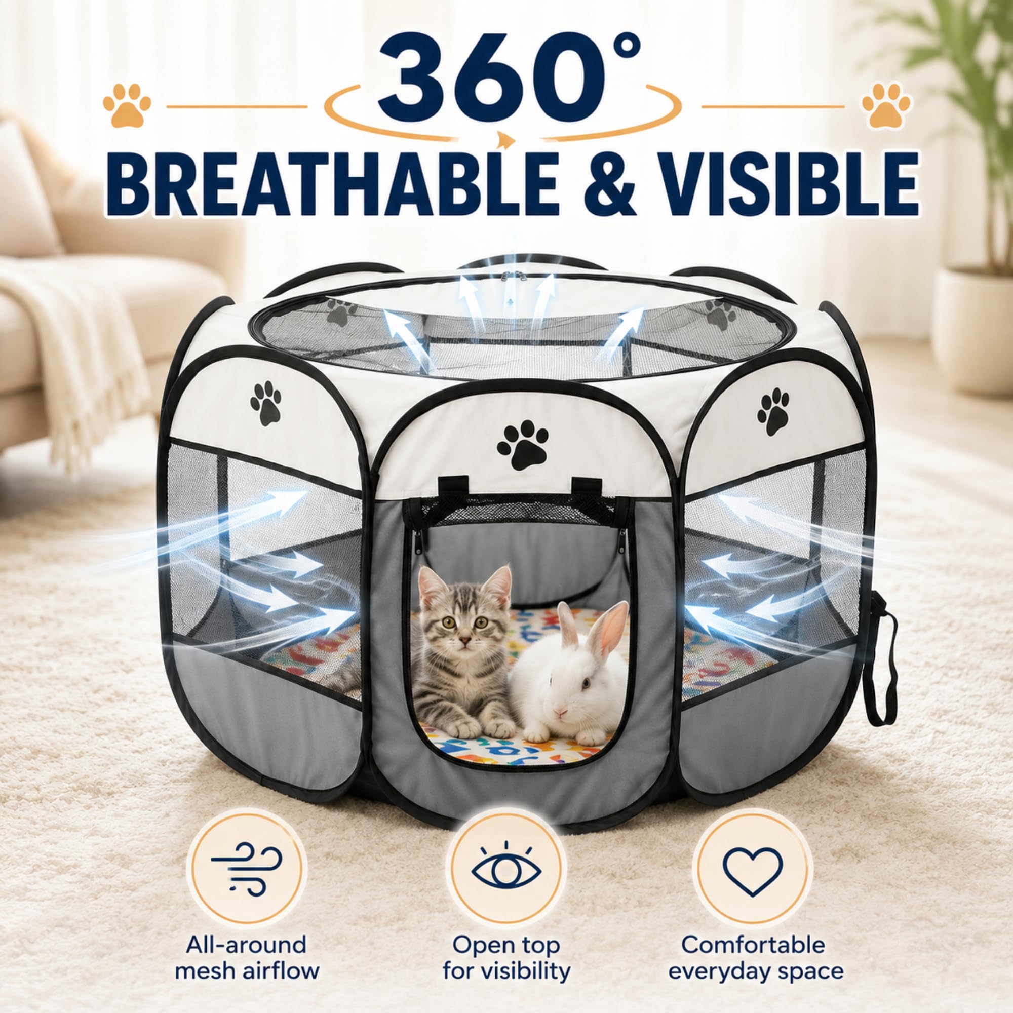 Caño plegable para cachorros, 74 x 74 x 43 cm, parque para cachorros y gatos para el hogar, parque plegable para perros, gatos, conejos, interior y exterior, recinto para animales pequeños (gris)