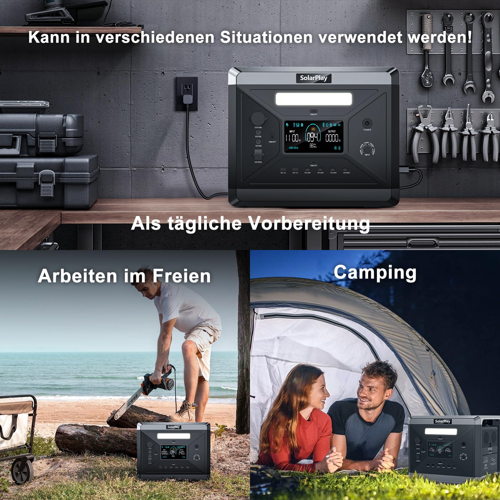 Solarplay - Estación de energía portátil, 2160 Wh LiFePO4, generador solar con salida de 2400 W, carga de CA y CC, carga completa en 1,5 horas para camping, autocaravana, jardín fuera de la red