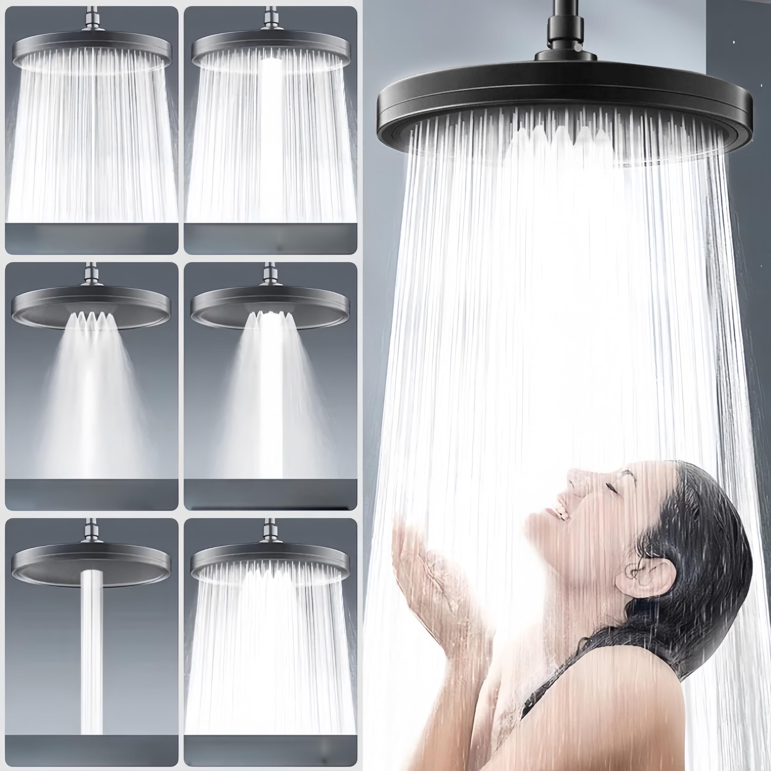 Sunkizzrs® ABS 6-Function 9-INCH Overhead Shower High-pressure Rainfall Shower Head for Bathroom Chrome Finish without Shower Arm (Black)