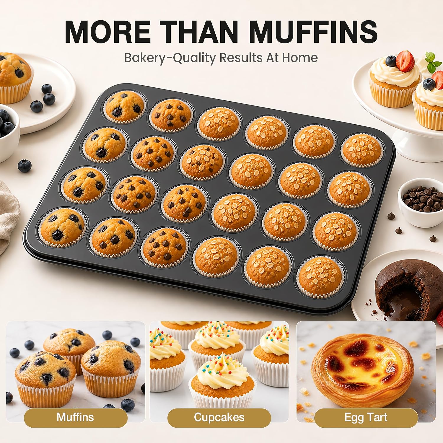 Parmedu 24-Cup Carbon Steel Muffin Pan Set with 200 Cupcake Liners, 0.5mm Heavy-Gauge Nonstick Cupcake Pan for Beginners and Family Bakers, Birthday Christmas Halloween Thanksgiving Holiday Bakeware