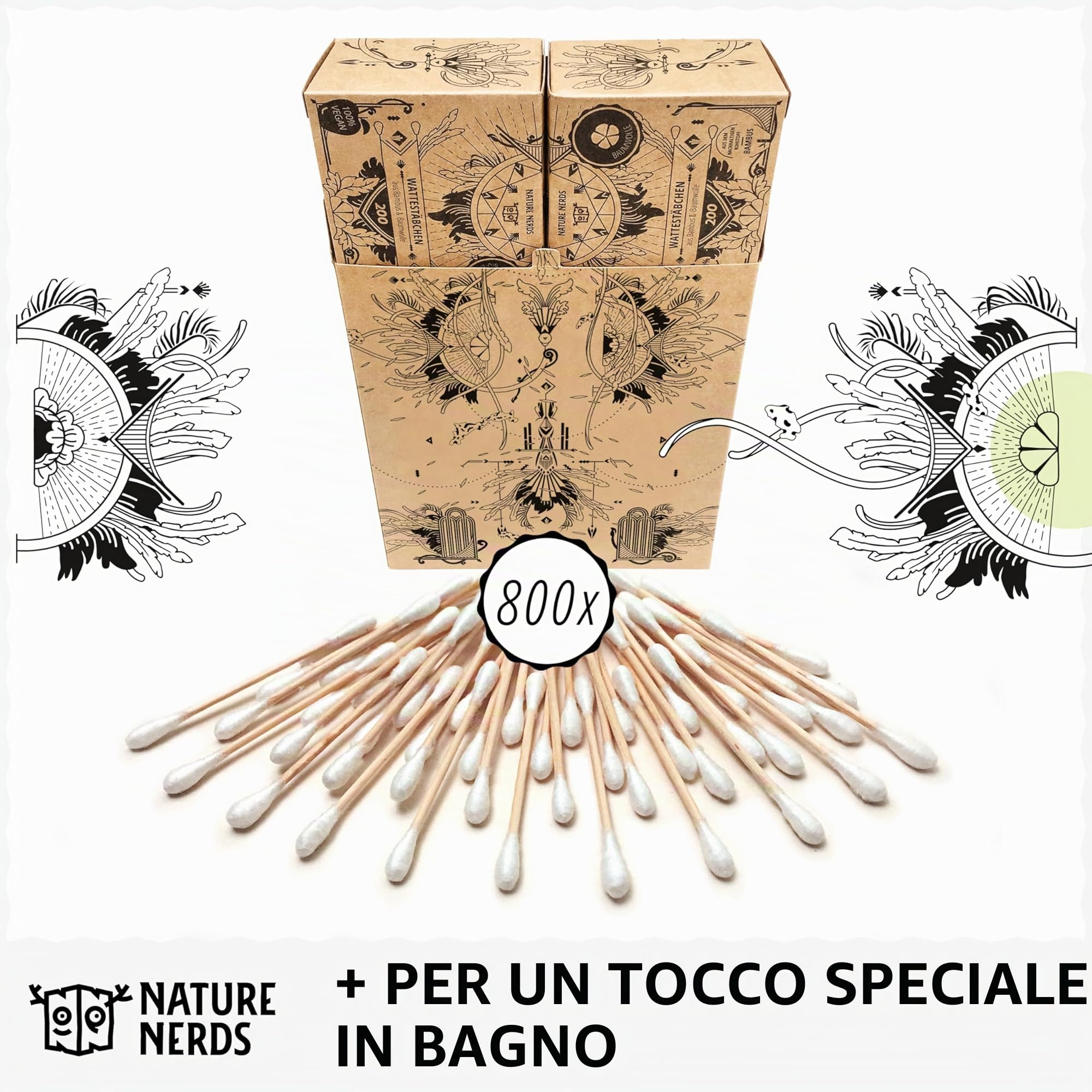 Nature Nerds - Cotton fioc (800 pezzi) in bambù e cotone, senza plastica, Q-Tips