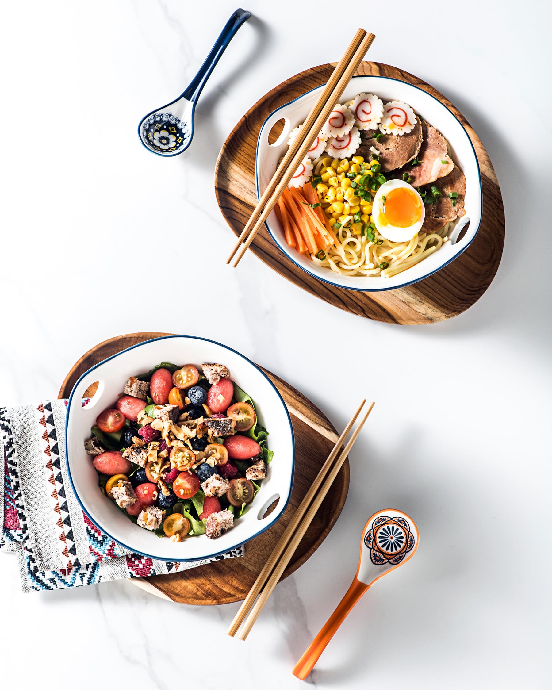 HENXFEN LEAD Set di ciotole per ramen giapponese in porcellana, 2 pezzi 780ml Ciotola per zuppa colorata con bastoncini e cucchiaio - Stile bohémien