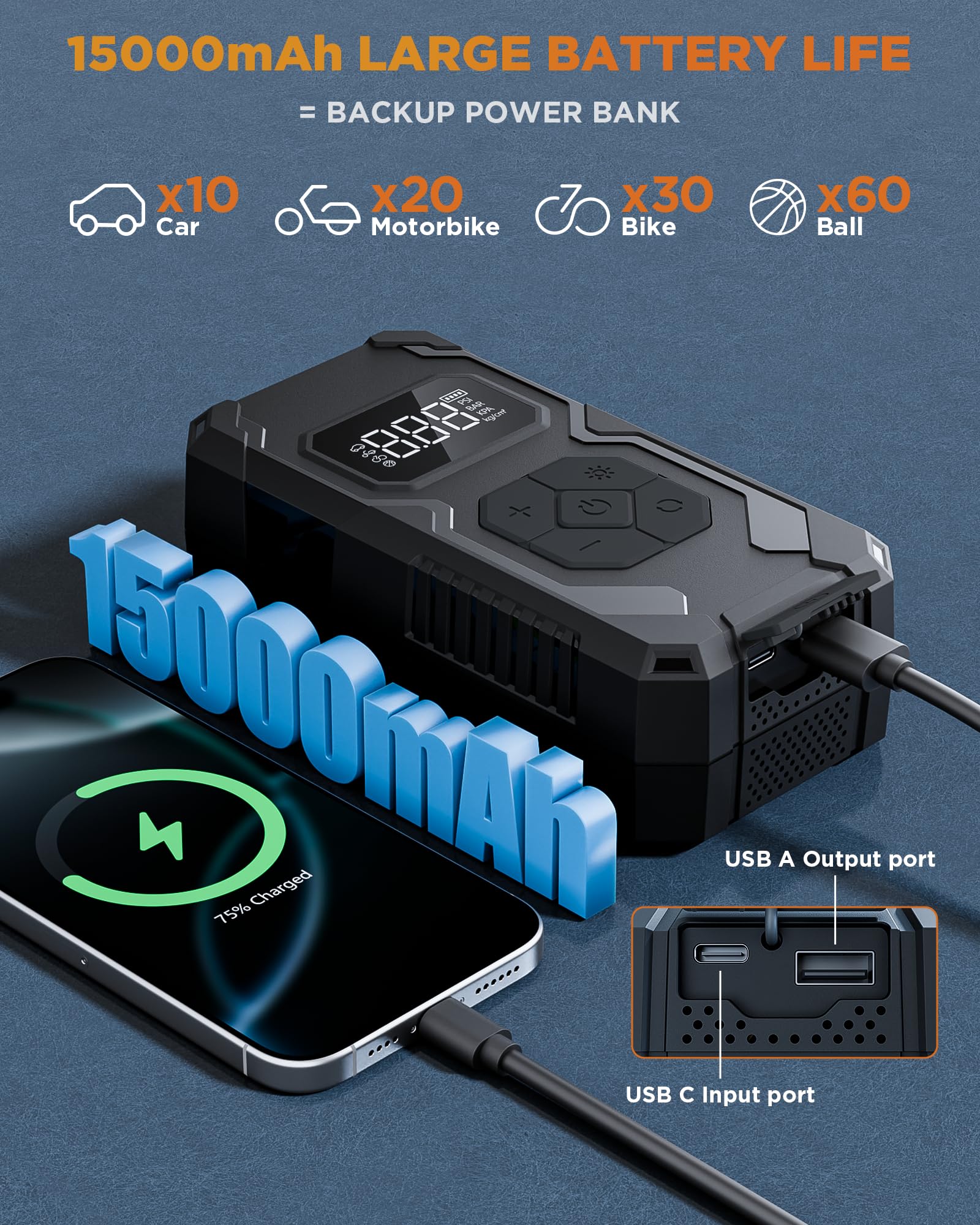 Tire Inflator Compressore Aria Portatile Senza Fili 150PSI, Batteria Ricaricabile con Manometro Digitale, Auto Spegnimento e Luce LED, Gonfiatore Elettrico per Auto, Moto, Bici, Palloni, Nero