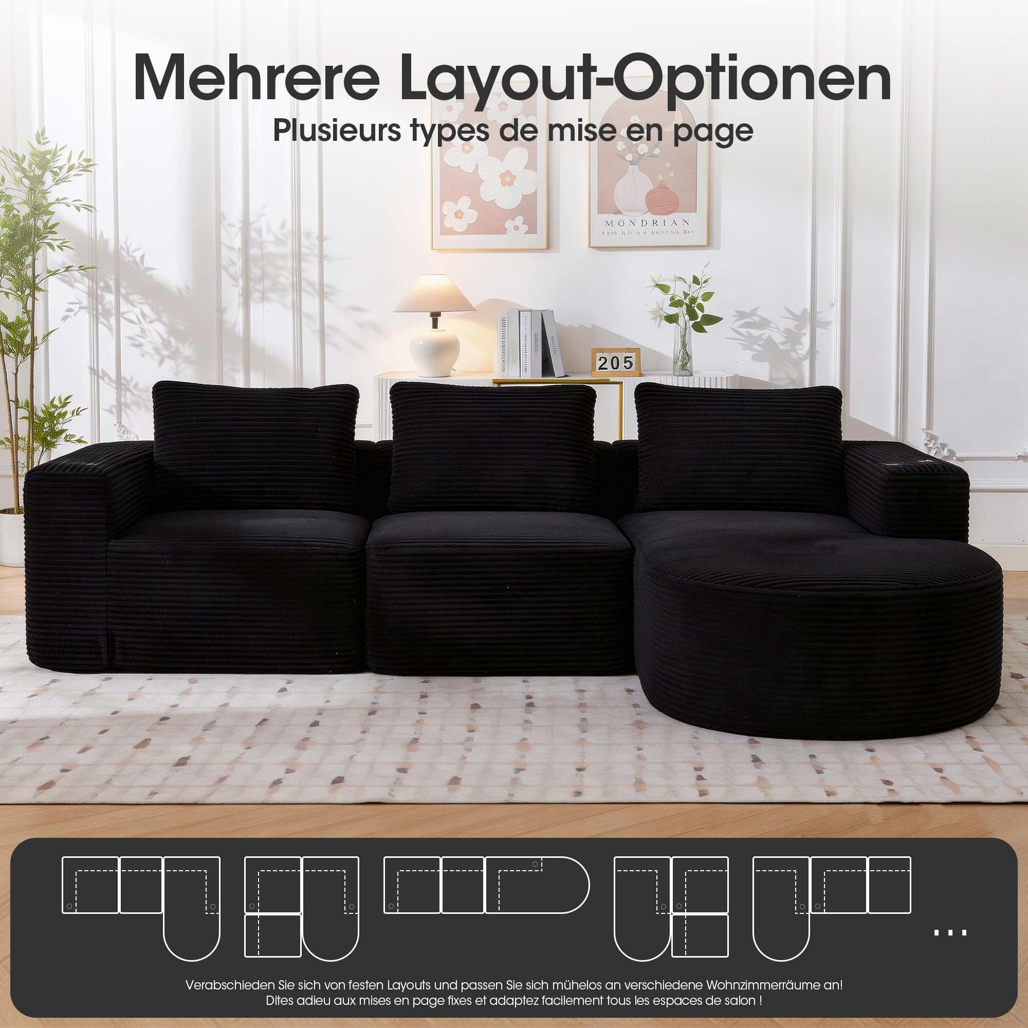 258cm Canapé d'angle en L, 3 Places, pour Salon et Appartement, Canapé Modulaire avec Méridienne en Courbe, 3 Coussins, Canapé Compressé en Velours Côtelé