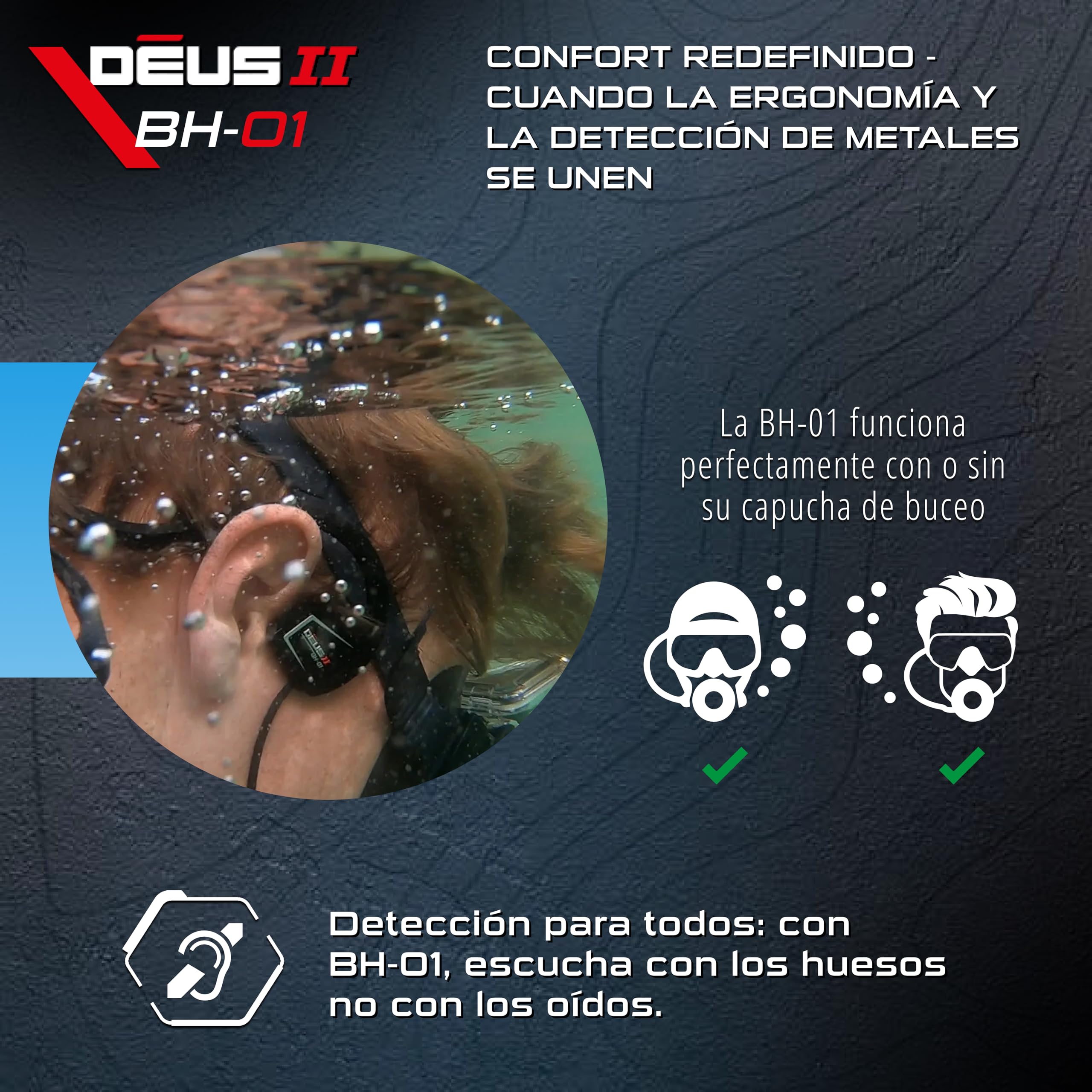 XP METAL DETECTORS BH-01, casco de conducción ósea con cable, diseñado para Le Deus II - Casco impermeable para detección de metales submarinos de hasta 20 m - certificado IP68