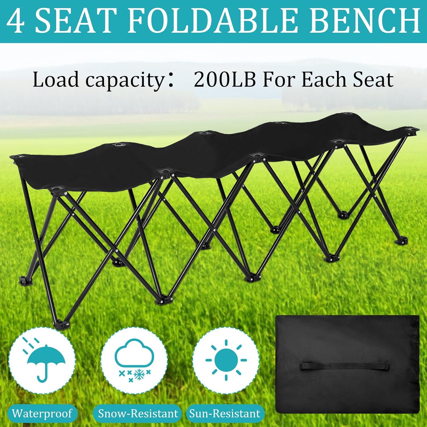 2 Pcs Portable Team Bench Foldable Team Sports Bench with Carry Bag Waterproof Folding Sideline Chairs for Sports Outdoor Soccer Football Tailgating Camping, Black