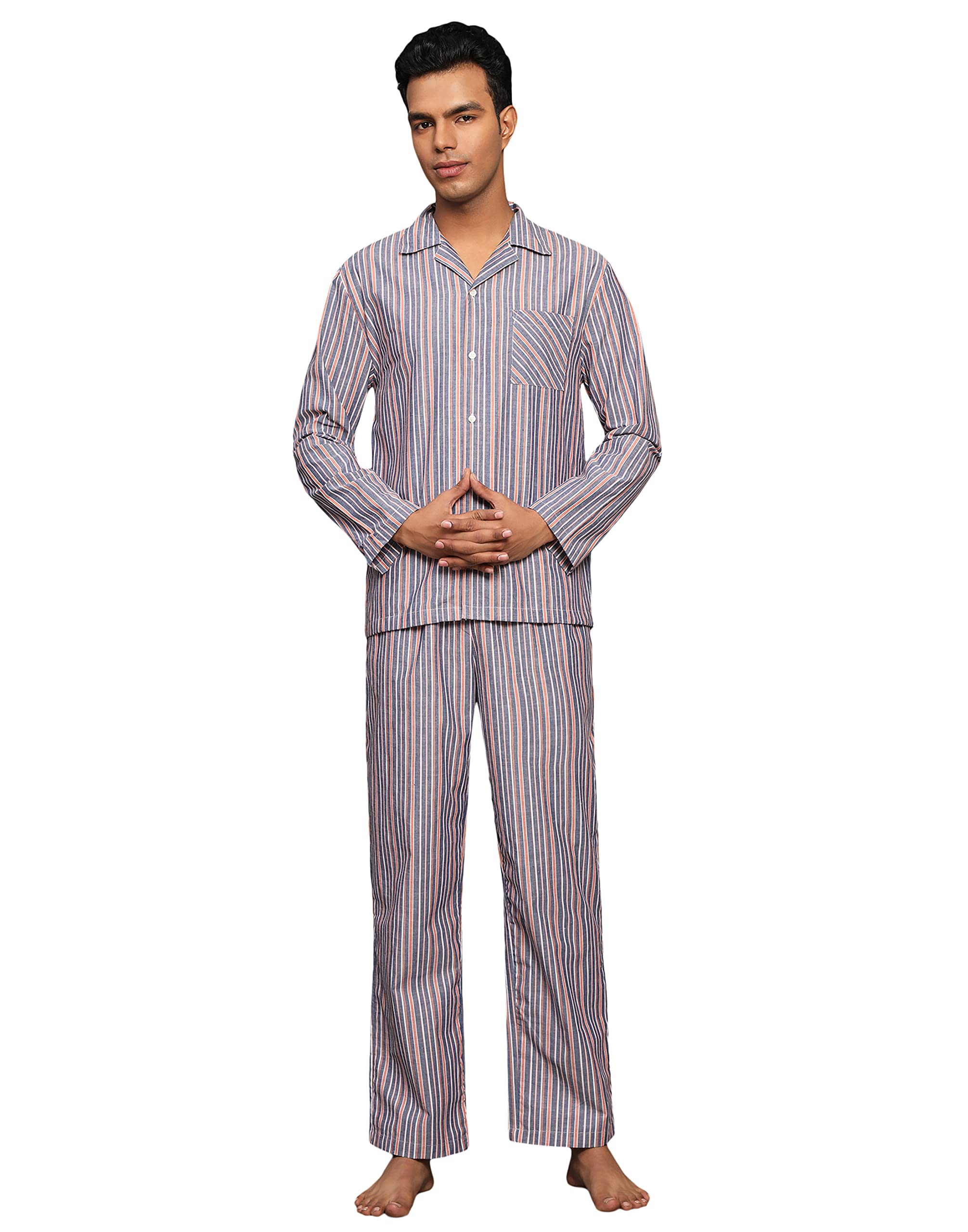 B STORIES Men's Cotton Regular Fit Full Sleeve Night Suit Set of Shirt and Pyjama