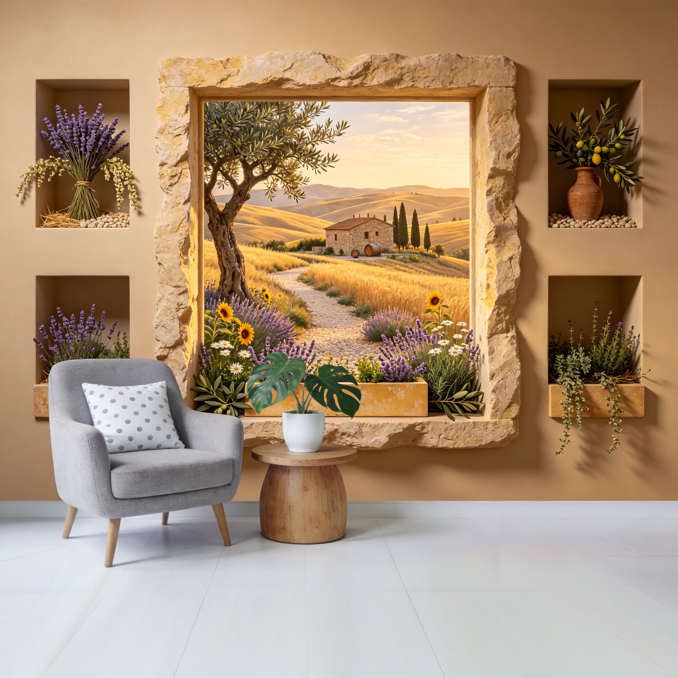 Custom Size Wall Mural Tuscan Countryside Landscape with Lavender Sunflowers Olive Tree Cottage Path Removable Self Adhesive Fabric Home Wall Decor for Living Room Bedroom Bathroom