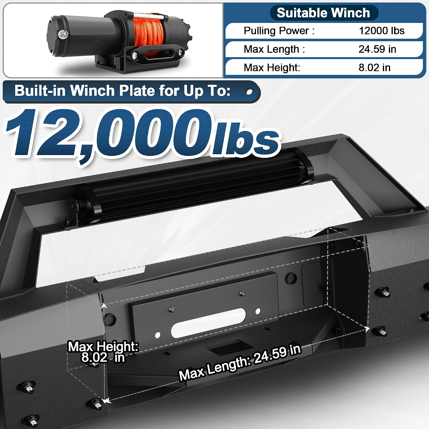 06-08 Ram 1500 Front Bumper Full Width Offroad Bumper w/Winch Plate, 144W Light Bar, 4x18w Lights, D-rings, License Plate Bracket for 2006-2008 Dodge Ram 1500 (Excl. Mega Cab)