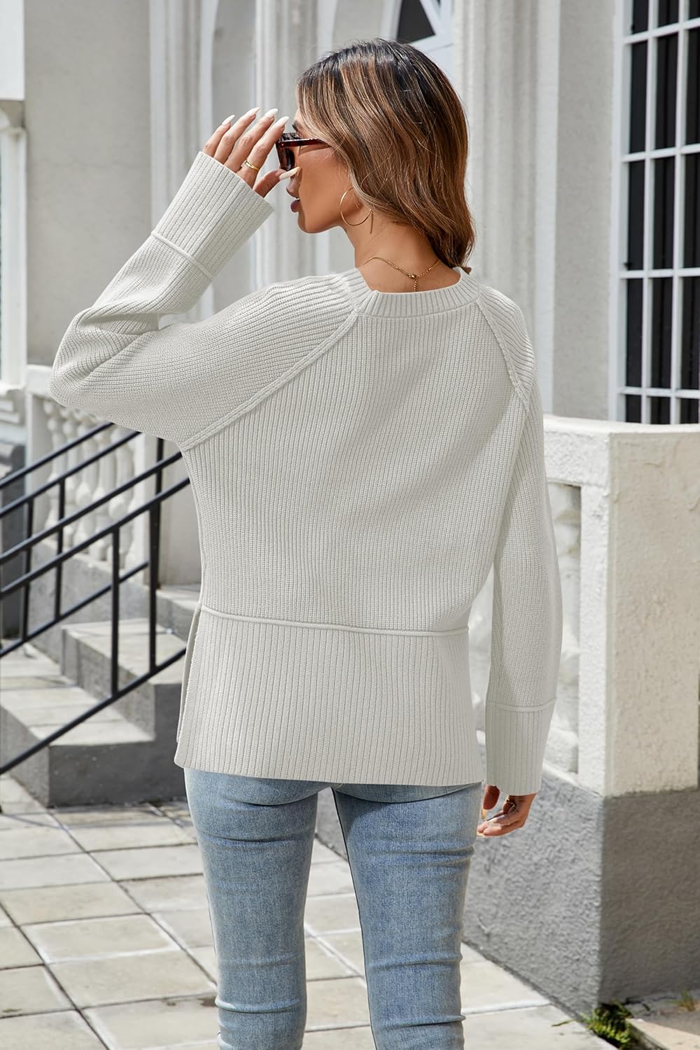 Cakulo Womens Oversized Sweaters Split 2025 Fall Knit Long Sleeve Crew Neck Ribbed Pullover Loose Cozy Soft Sweater - Image 7