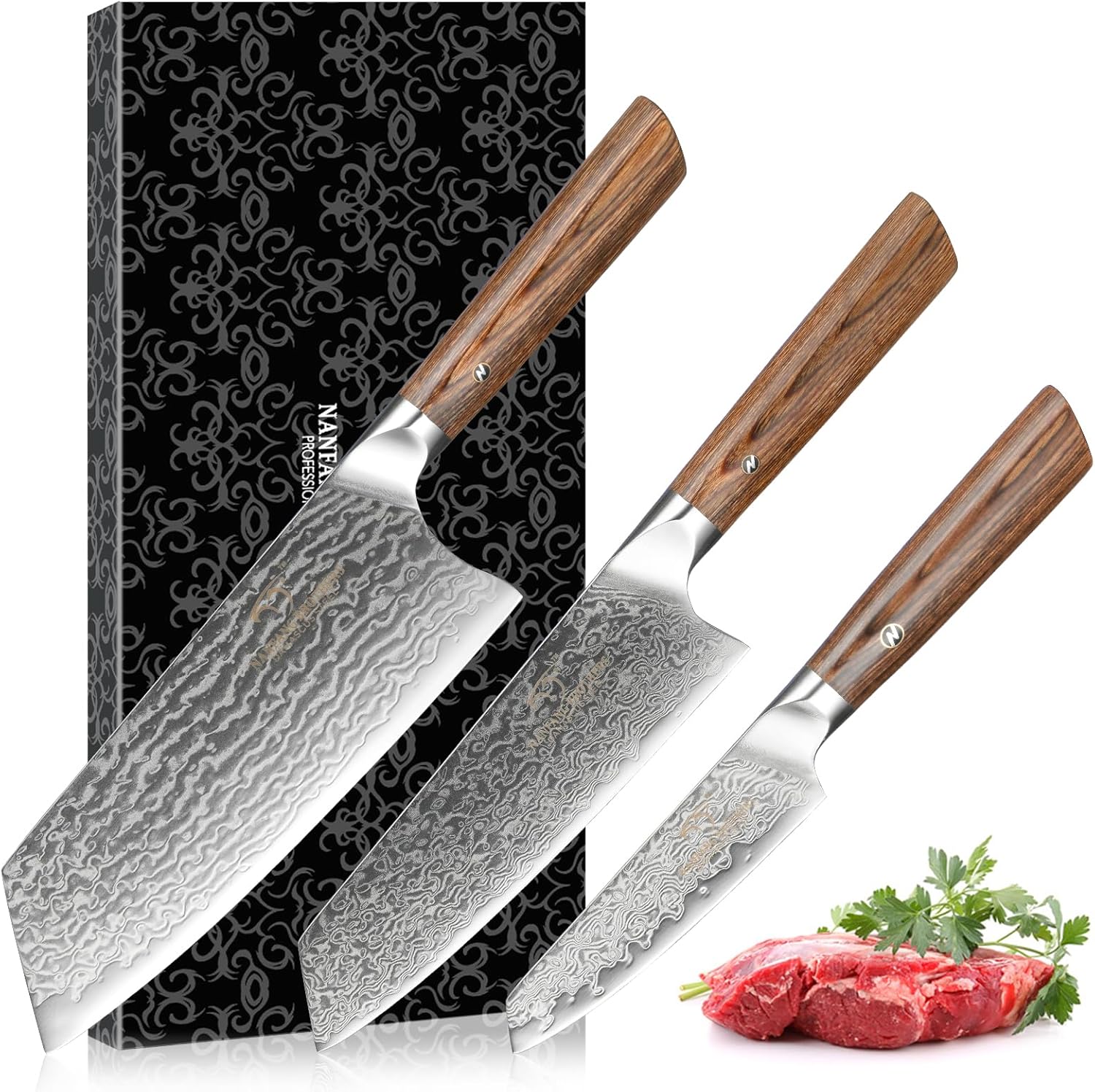 3-Piece Chef Knife Set, Japanese Style Ultra Sharp Kitchen Knives with VG10 Core Blades, 67-Layer Damascus Steel, Elegant Gift Box