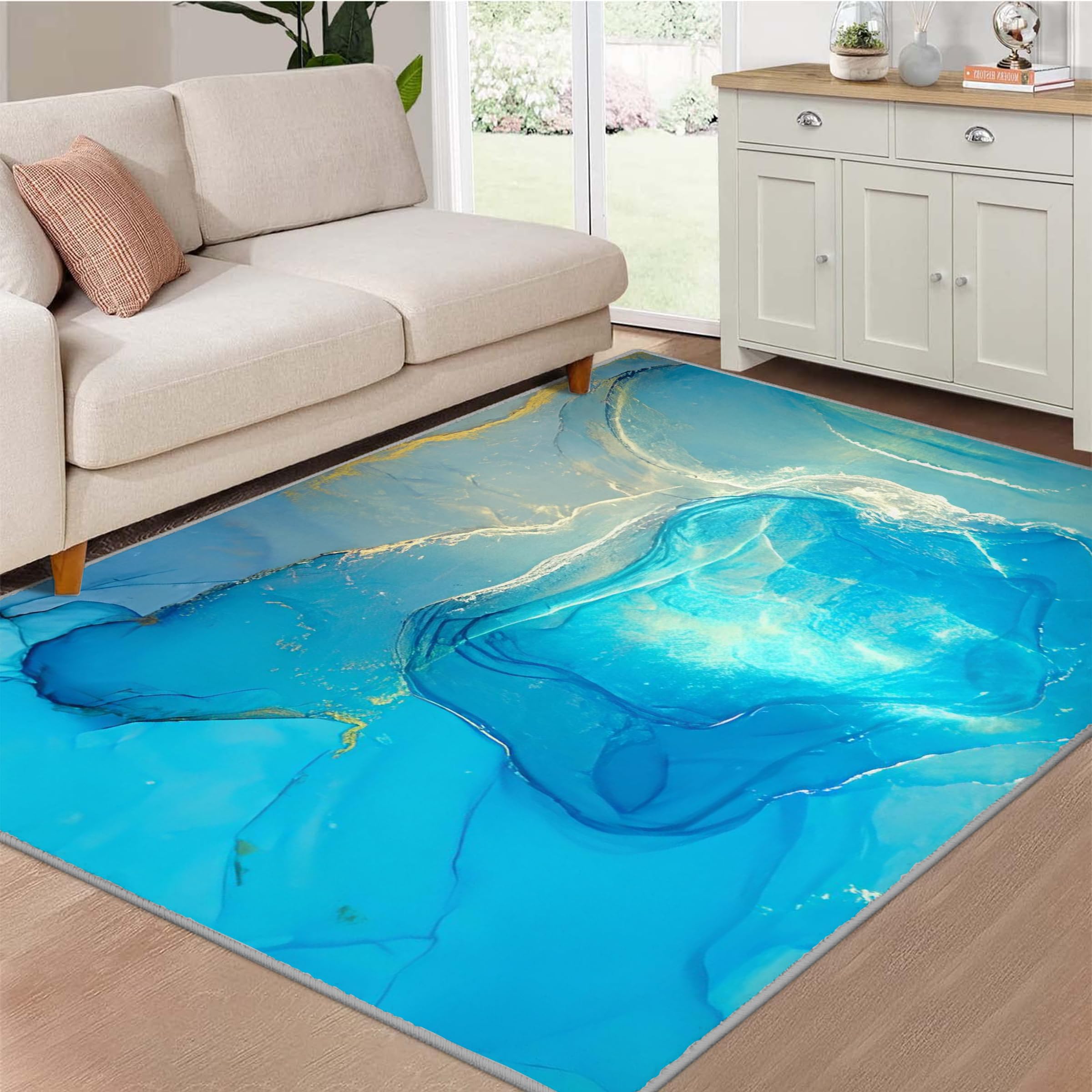 Tapis Marbre Bleu Canard Lavable en Machine Tapis Salon 120x200 Poil Court, Turquoise Tapis Descente de Lit Chambre Doux Tapis Sol Absorbant, Moquette Decoration Chambre Ado Adulte