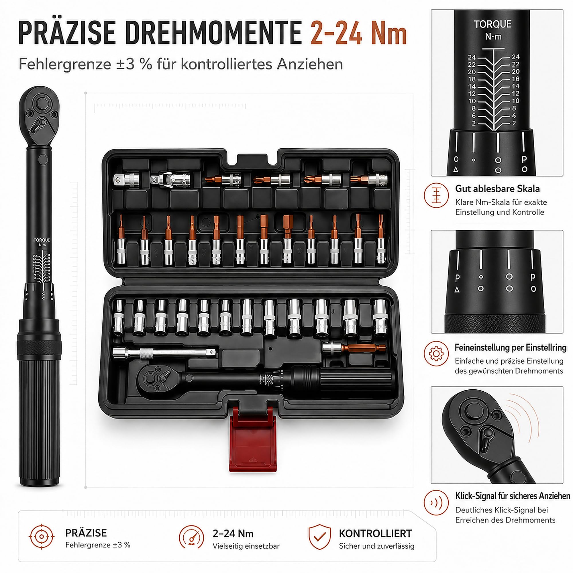 Torque Wrench für Fahrrad & Motorrad 33-tlg, Drehmomentschlüssel Set 1/4" 2-24 Nm, Motorrad/Fahrrad mit 1/4"-3/8" Adapter