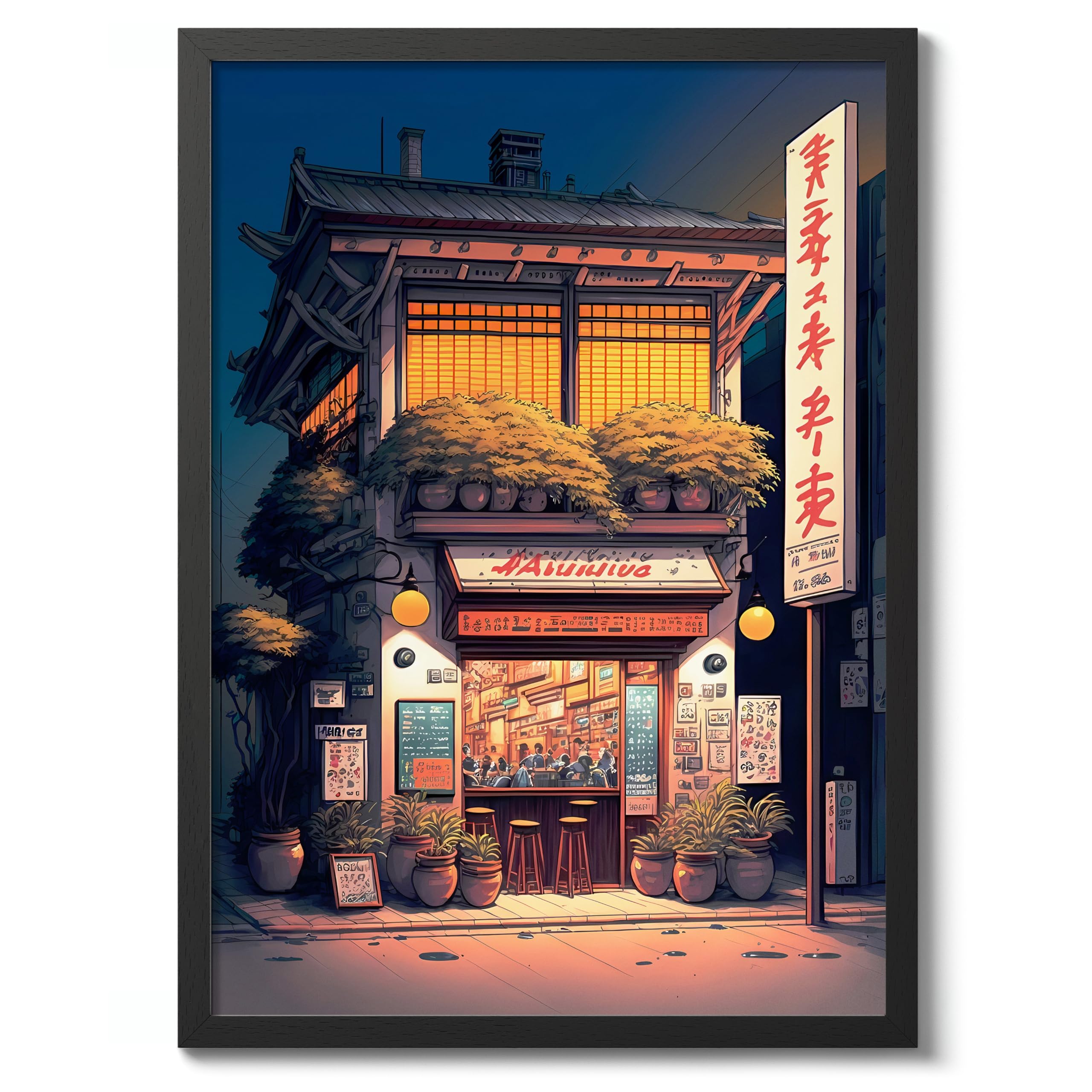 Evening At The Ramen Shop Anime Woodblock Poster Modern Ukiyo-E, Cartoon Print, Japanese Illustration Wall Art Bedroom Home Decor, A3 (Black Frame) - 45x32.8cm