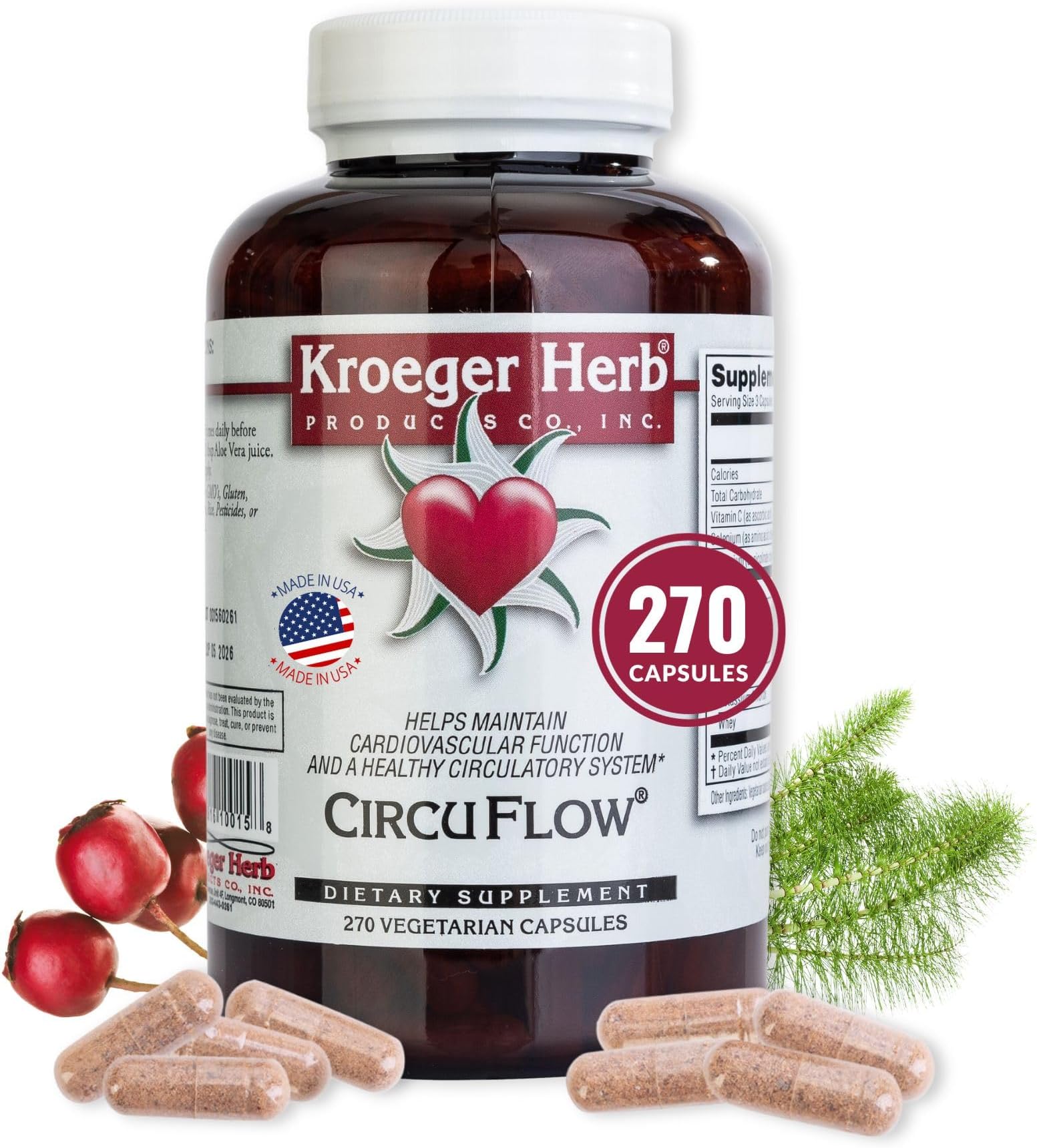 Kroeger Herb, Circu Flow, Holistic Heart Supplement and Circulation Health with Hawthorn Berry, Daily Circulation Supplement for Vascular Support with Hawthorn, Non-GMO, 270 Capsules, Made in USA
