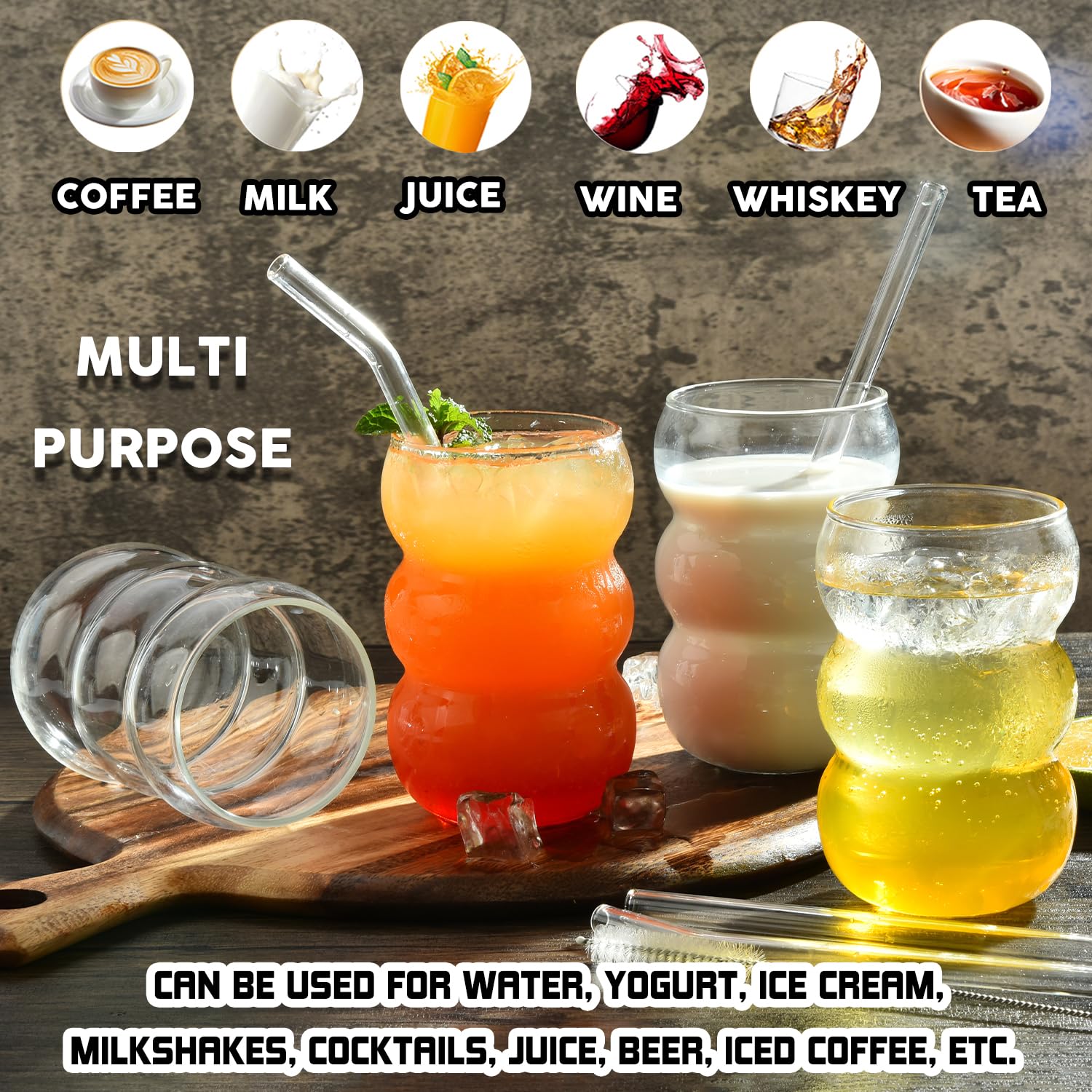 Nizirioo Lot De 4 Verres Cannelés : Lot De 4 Verres à Latte Macchiato 300 Ml Double Paroi Strié Borosilicate