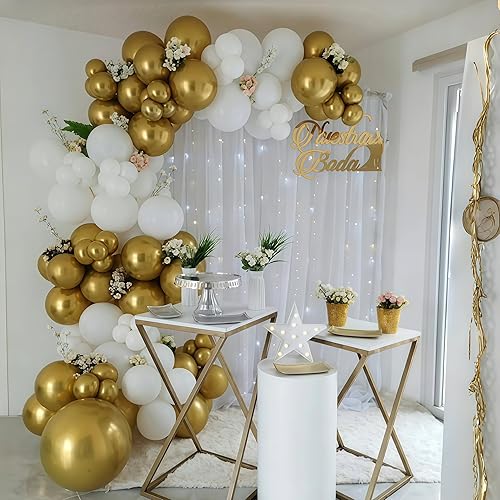 Miniatura 8 de Juego de globos dorados metálicos, paquete de 35 globos de látex de confeti de oro blanco de 12 pulgadas, globos dorados y blancos para fiestas de