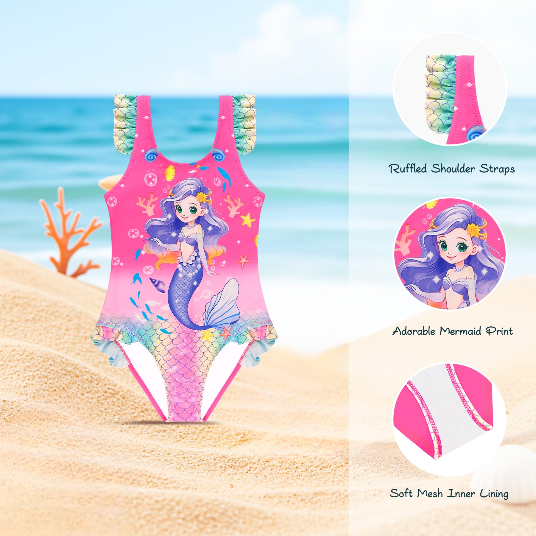 Traje de Baño para Niñas Bañador de Una Pieza con Volantes Traje de Baño Unicornio Ropa de Playa para Niñas de 2 a 14 Años
