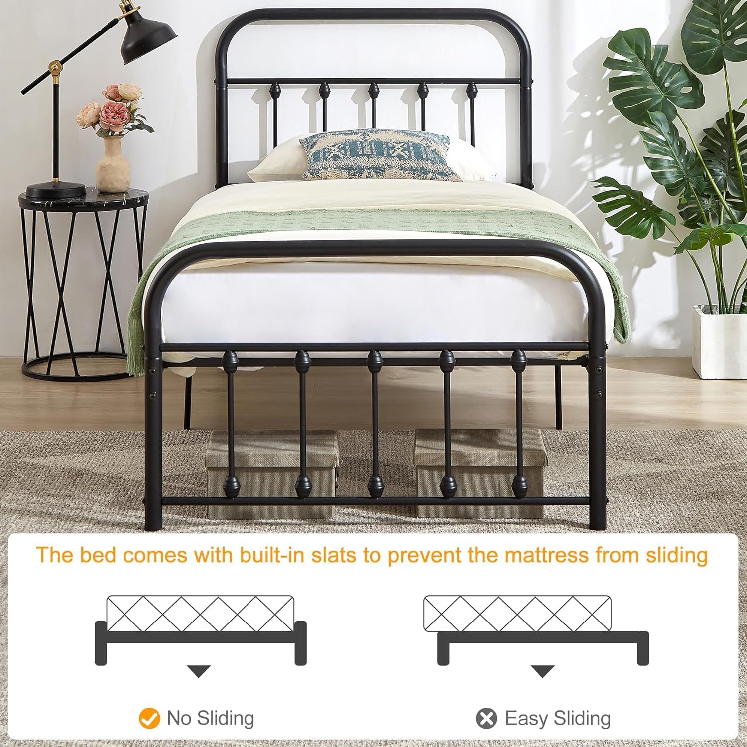VECELO Twin Size Victorian Style Metal Bed Frame with Headboard Classic Metal Platform Bed Frame Mattress Foundation with Footboard/Under Bed Storage/No Box Spring Black