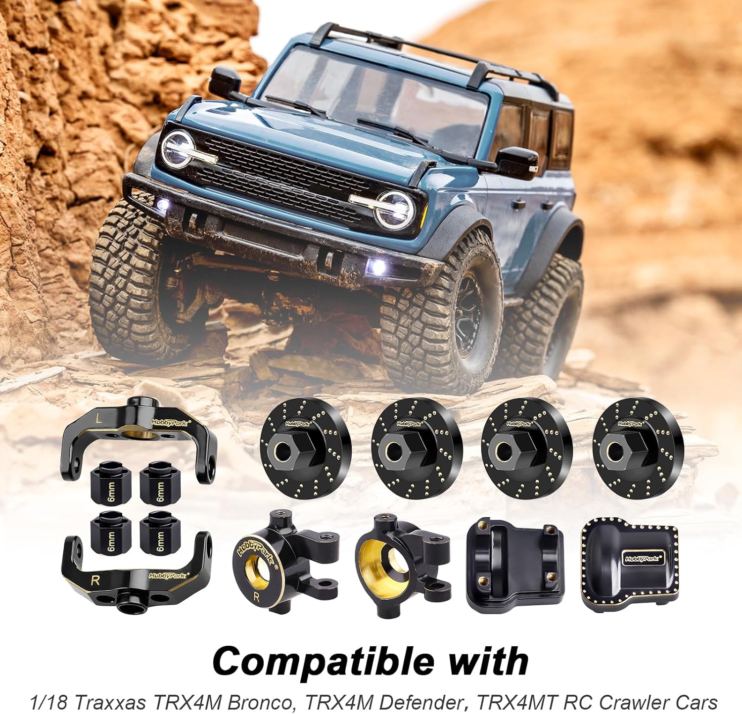HobbyPark Brass Diff Covers Steering Knuckles Caster Blocks C-Hubs Extended Wheel Hex Spacers Wheel Weights for 1/18 Traxxas TRX4M TRX4MT Upgrades Replacement