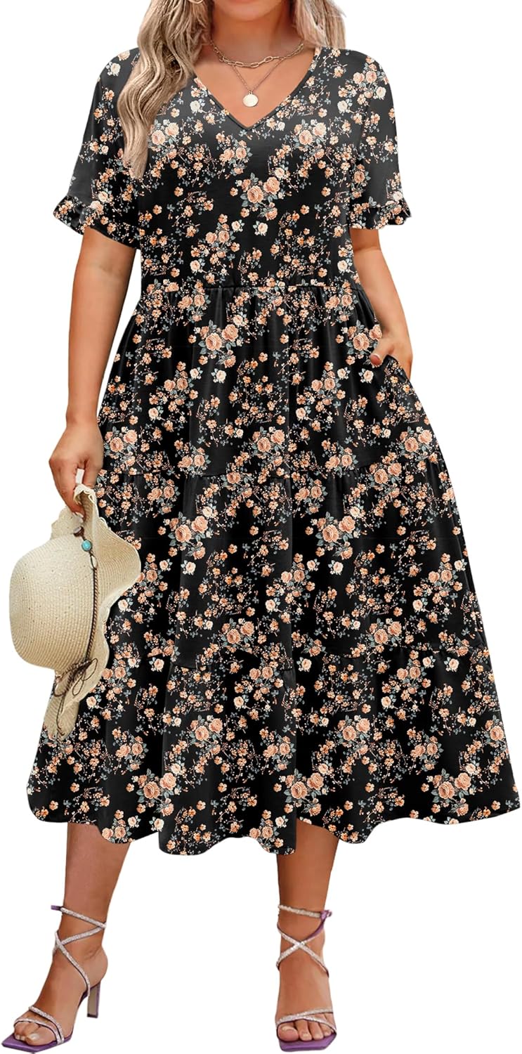 IN’VOLAND Womens Plus Size Short Sleeve Dress Summer Midi Casual Tiered V-Neck Aline Flowy Loose Dresses with Pockets