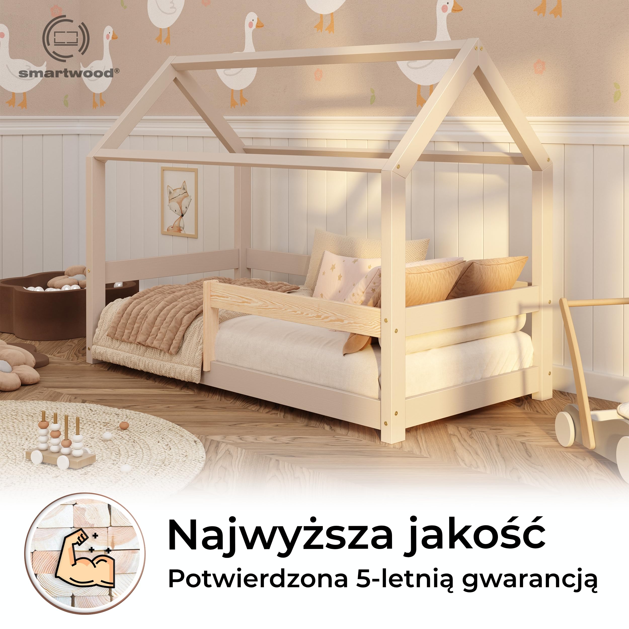 smartwood Łóżko domek 90x190 ze stelażem, Lite Drewno, Kaszmirowy, MILO | Łóżko dziecięce Montessori, wysokość wejście 12 cm, stelaż do 230 kg, drewno sosnowe, łatwy montaż, od 3 lat